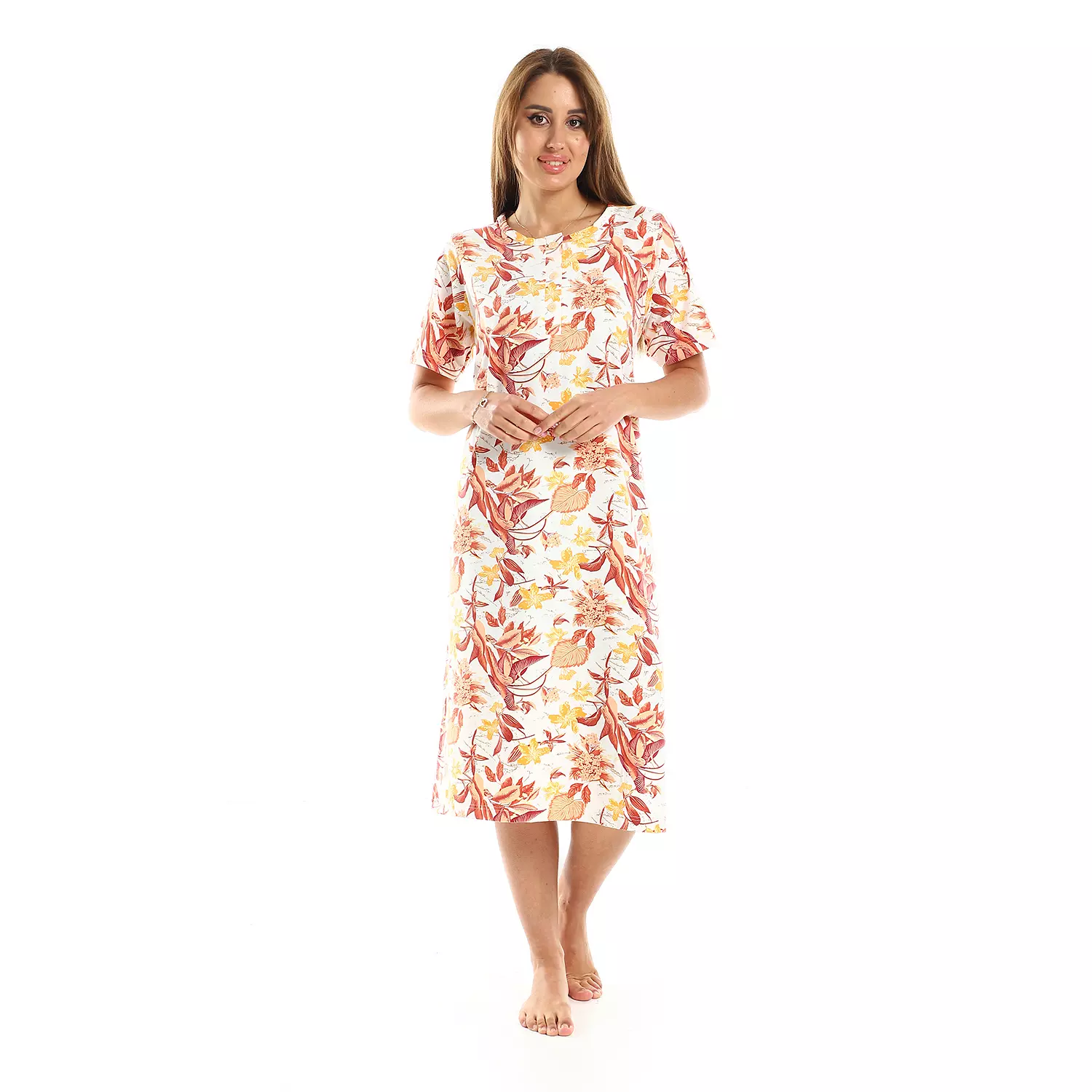 Nightgown Flowers & Leaves Pattern -2450-Orange -1