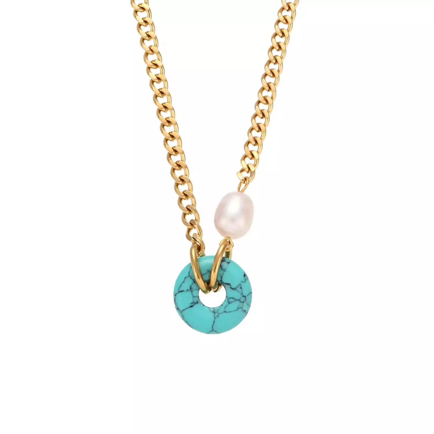 Fresh water pearl with natural turquoise stone necklace  4