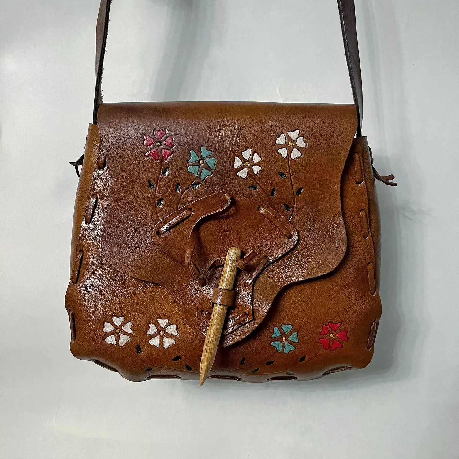 Hand painted flowers leather bag with wooden toggle clasp image