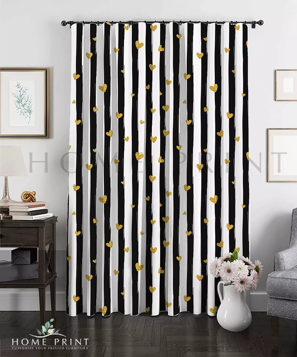 Velvet Curtain - Golden Hearts - Black and White Lines  image