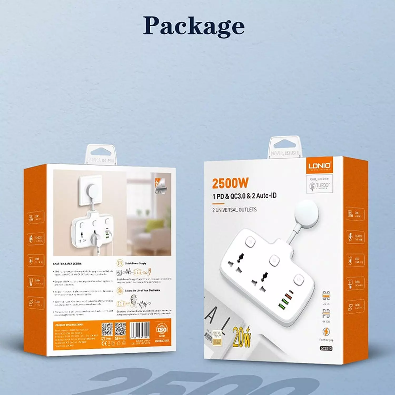SC2413 Power Strip 2500W 4 USB Ports Fast Charging PD QC3.0 White 10