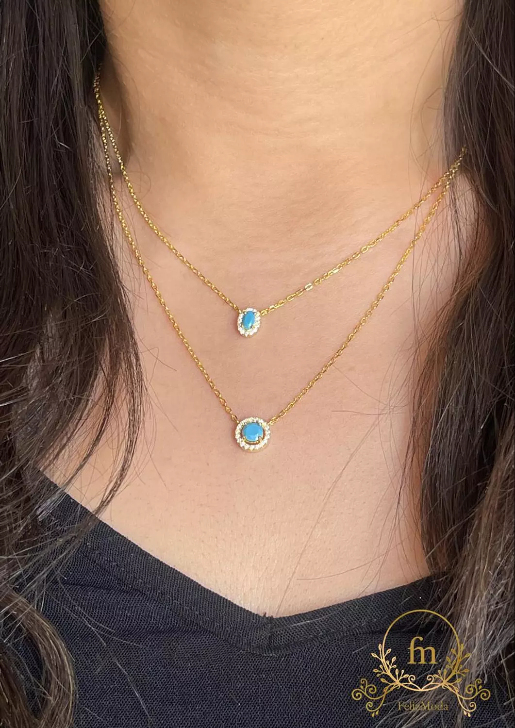 Double layered Fayrouz stones silver and gold plated necklace image
