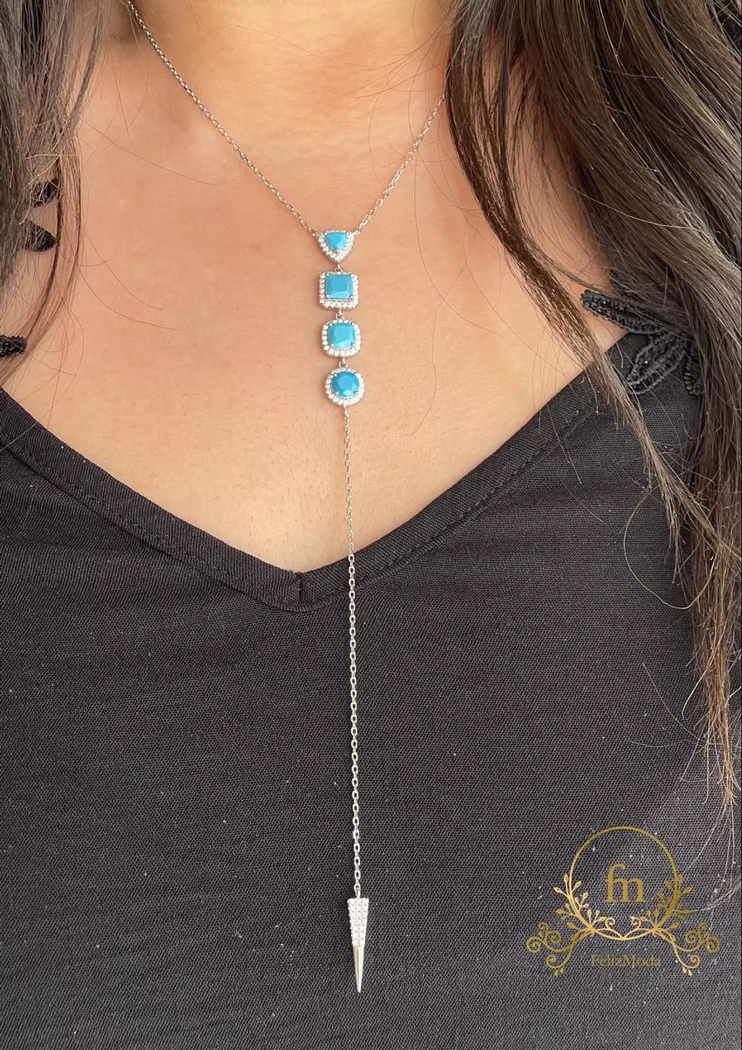 Long arrow silver necklace with different Fayrouz stones image