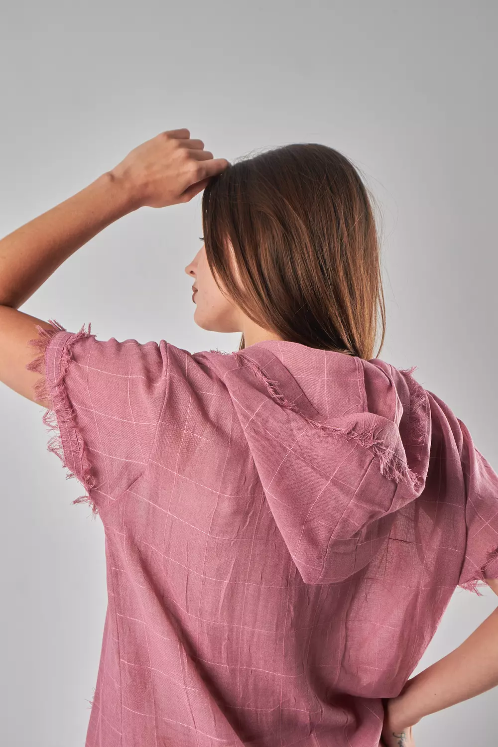 Hooded Mesh Linen Pink Top 4