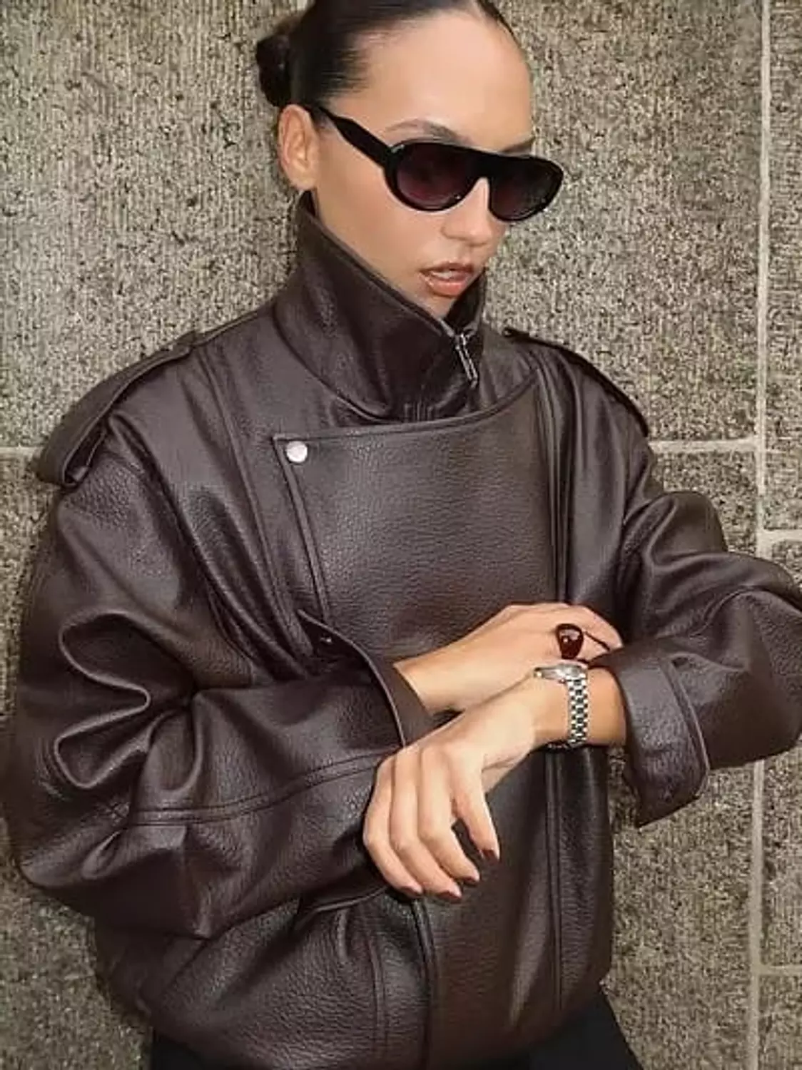 Zipper Collar Leather Bomber  11