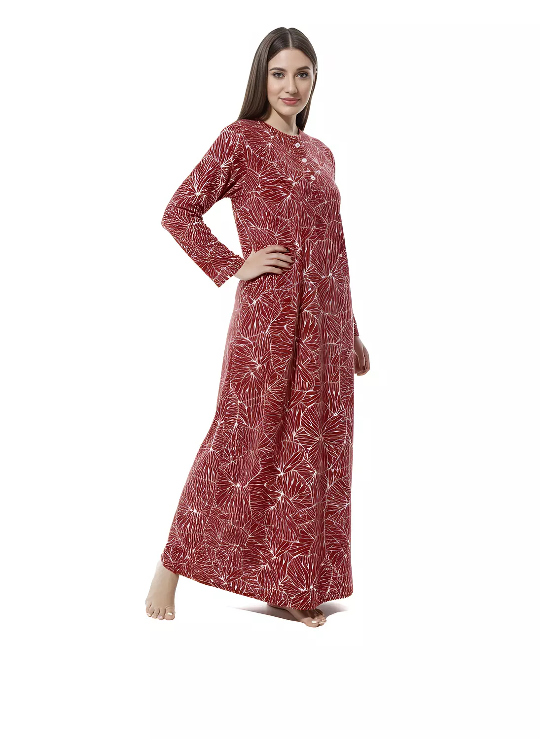 Shorto Women's Fleece Circle Leaves Printed Nightgown - 2649 - Maroon 2