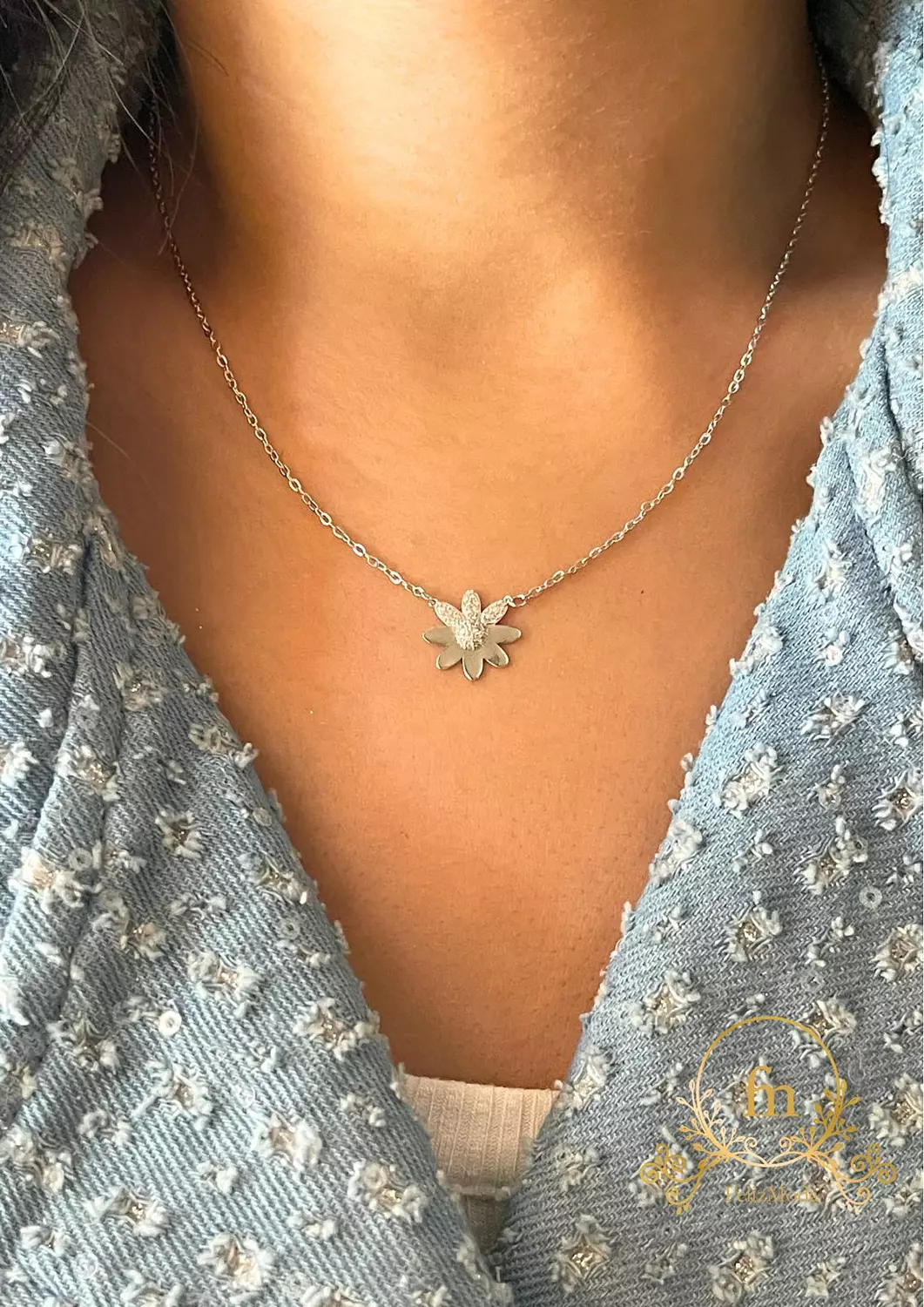 Flower silver necklace half plain, half stones image