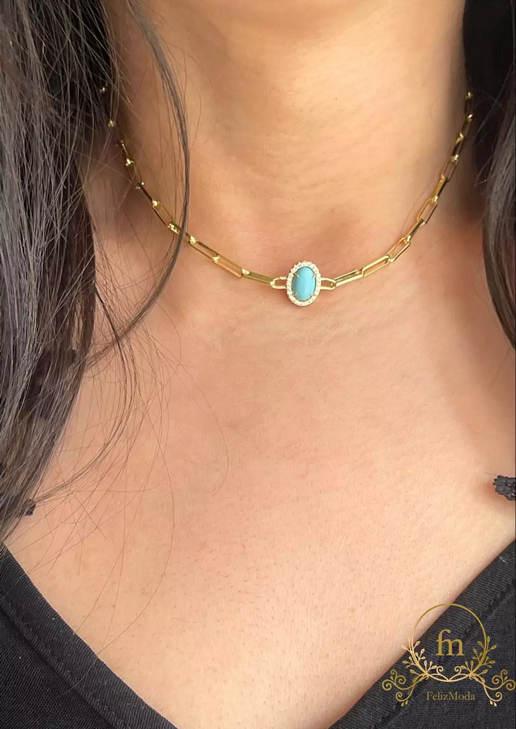 OvaL Fayrouz stone with connected chains silver necklace gold plated image