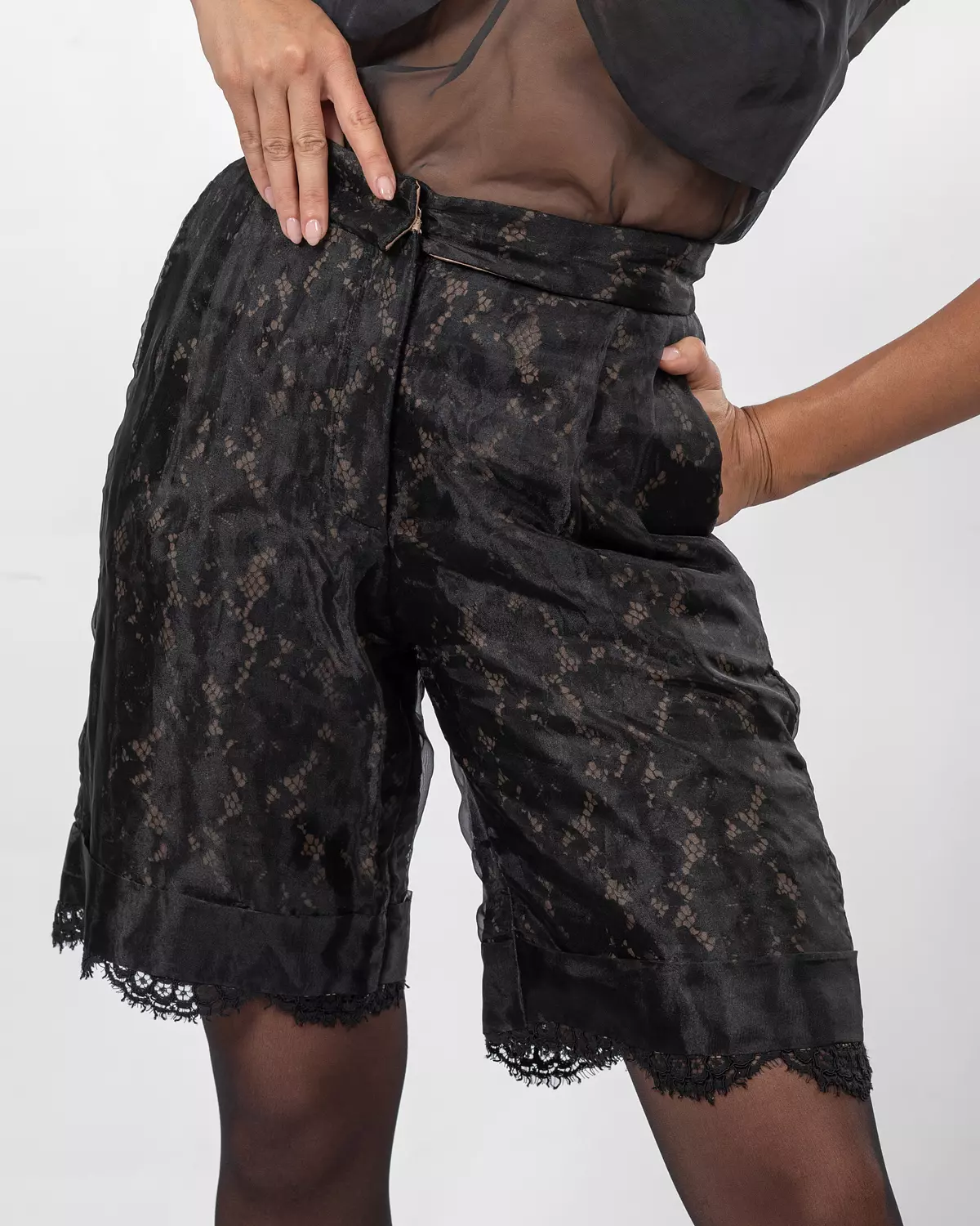 Black and beige lace shorts  hover image