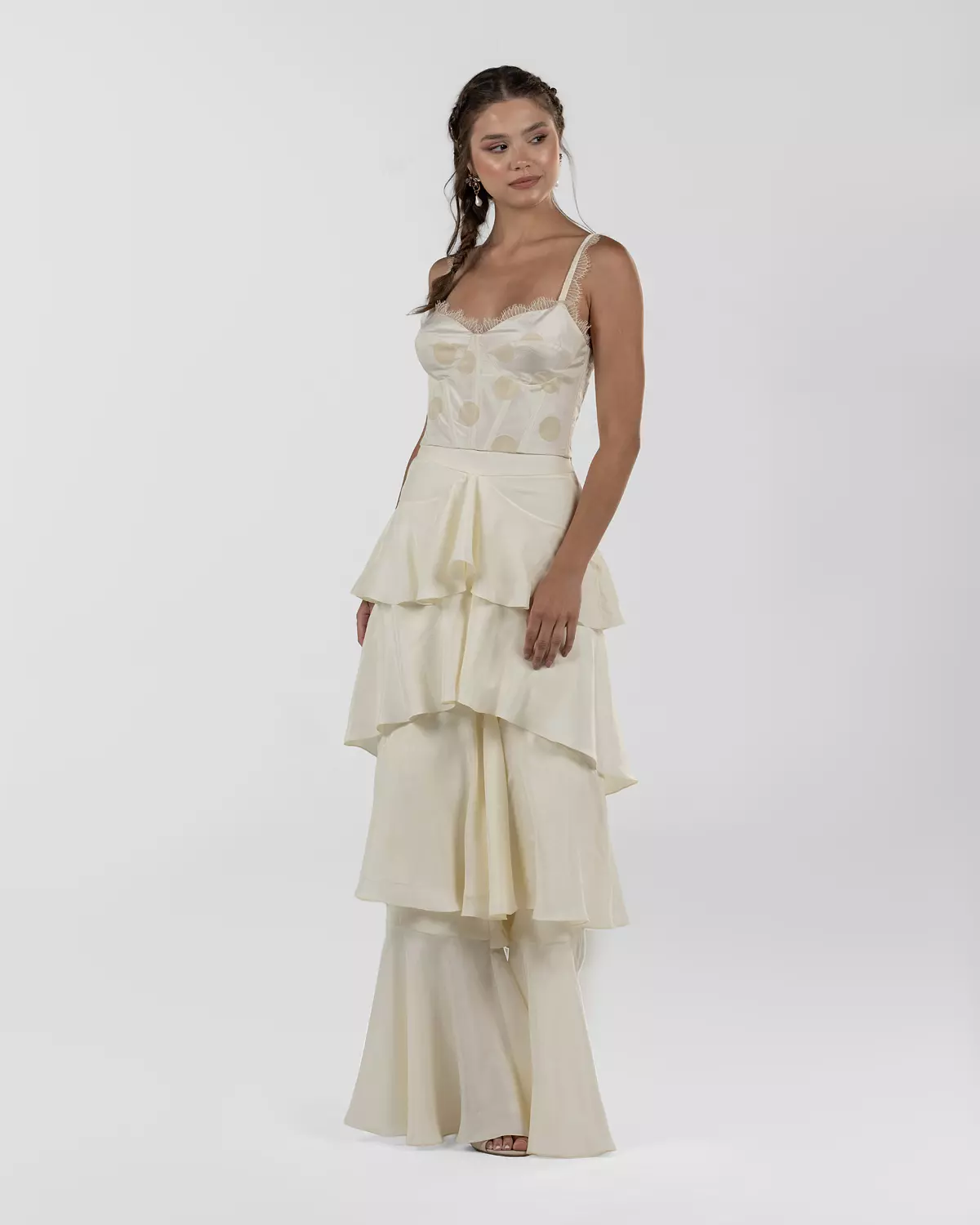 Chic Off-White Silk Ruffled Wide-Leg Pants 3