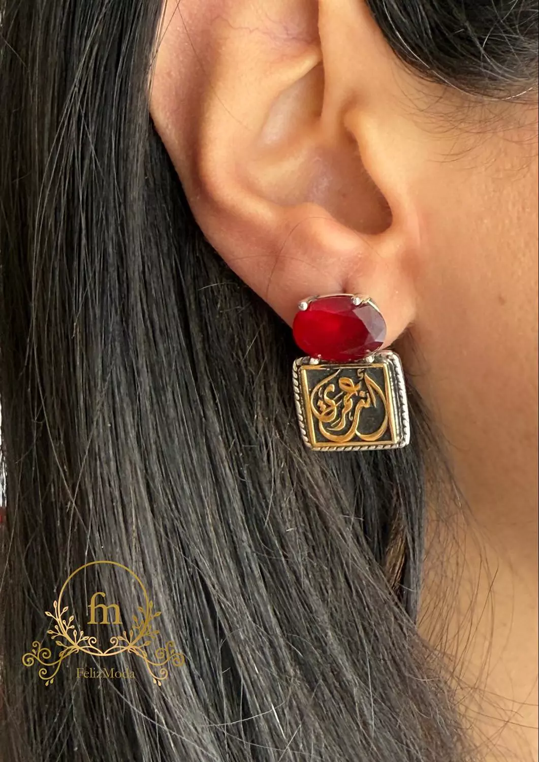 انت عمري Silver earrings with red stone image
