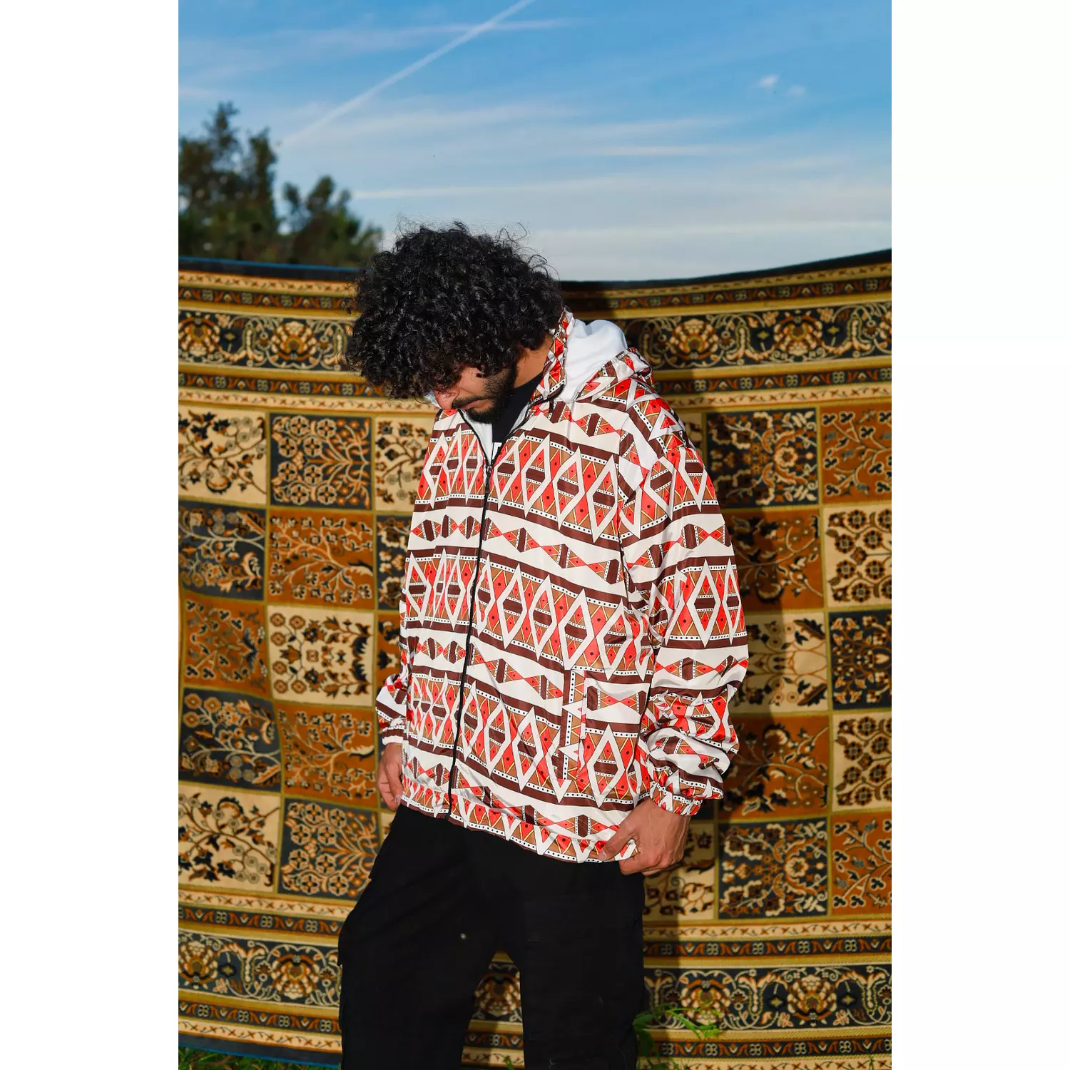 Hooded Beige and Orange Patterned Ethnic Bomber Jacket image