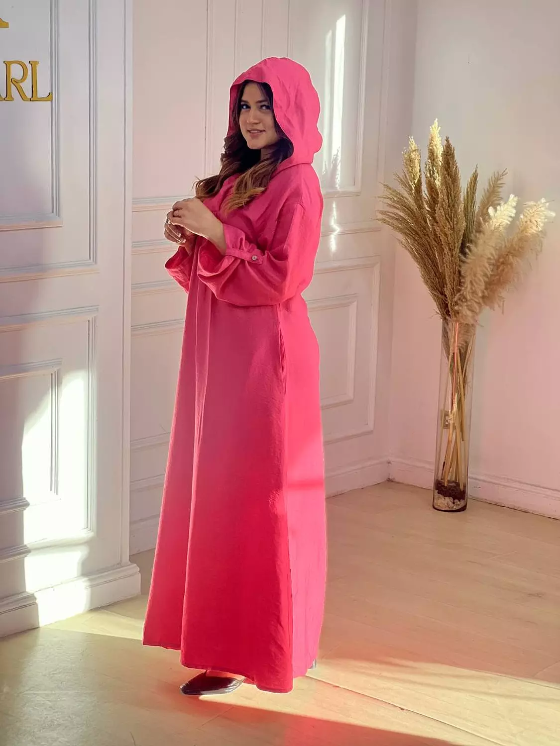 Hooded Linen Kaftan Dress - Pink hover image