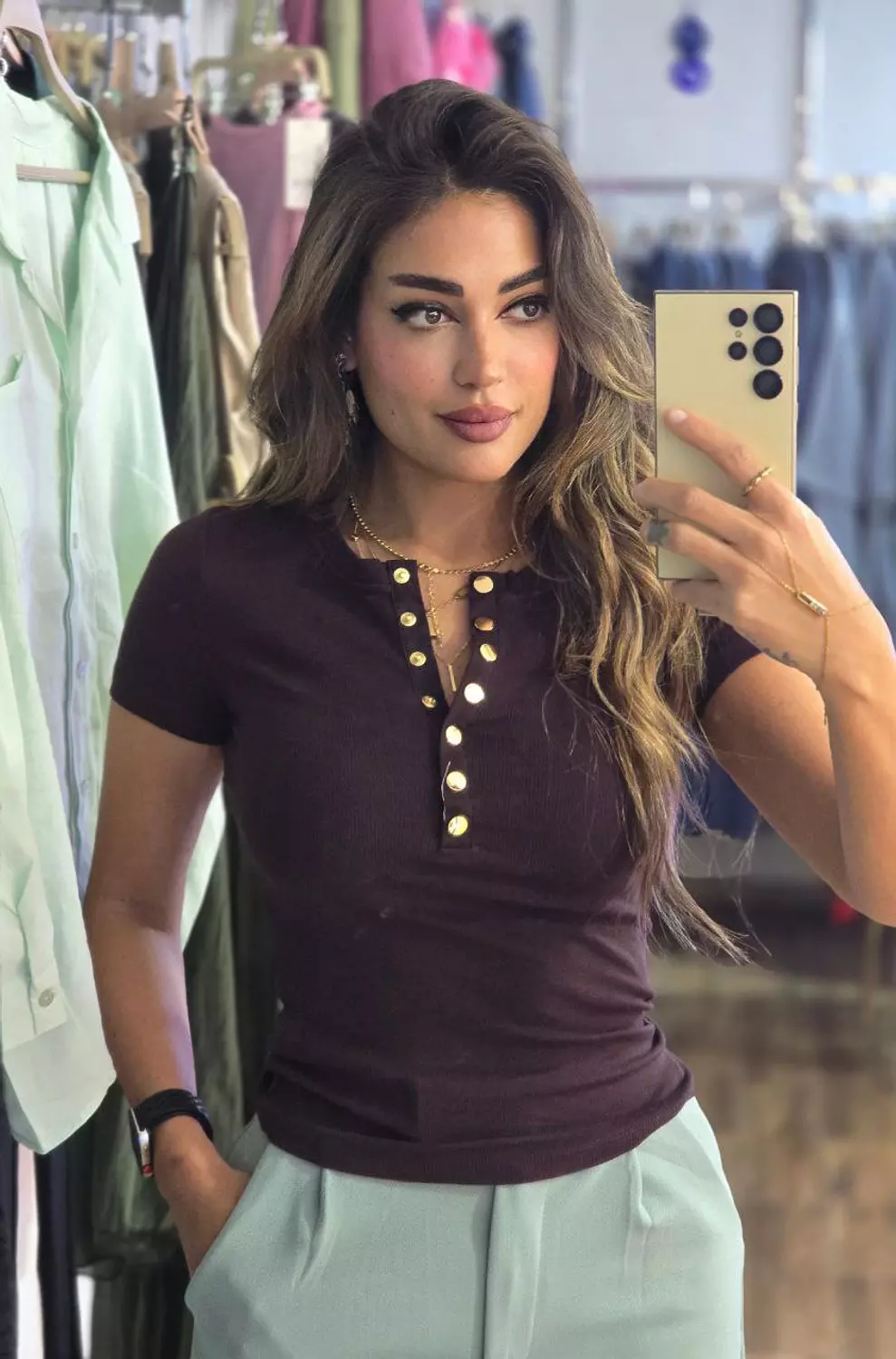 Dark brown Karol top with gold buttons  image