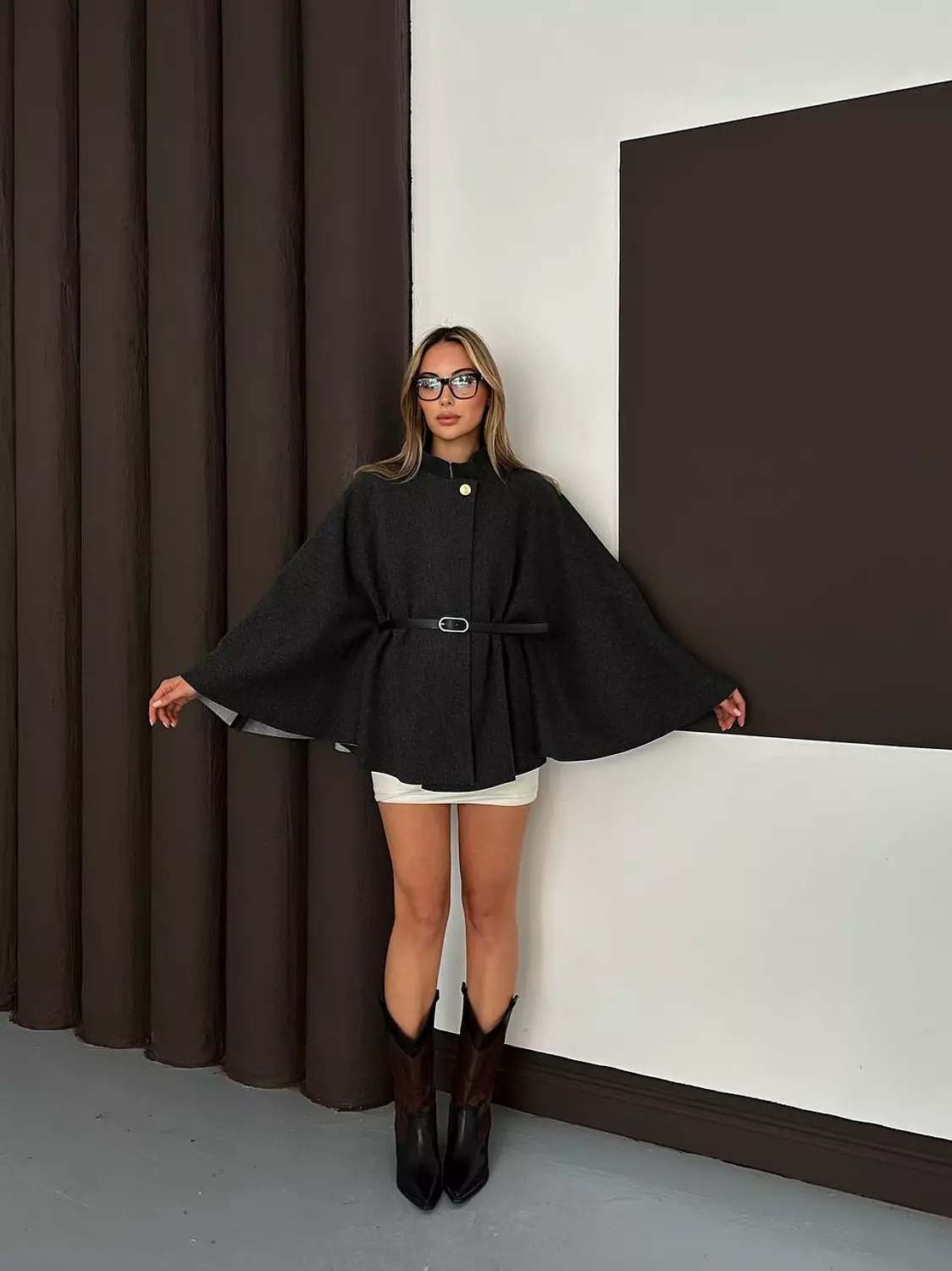 Dark Gray Poncho With Gold Button and Black Belt 5