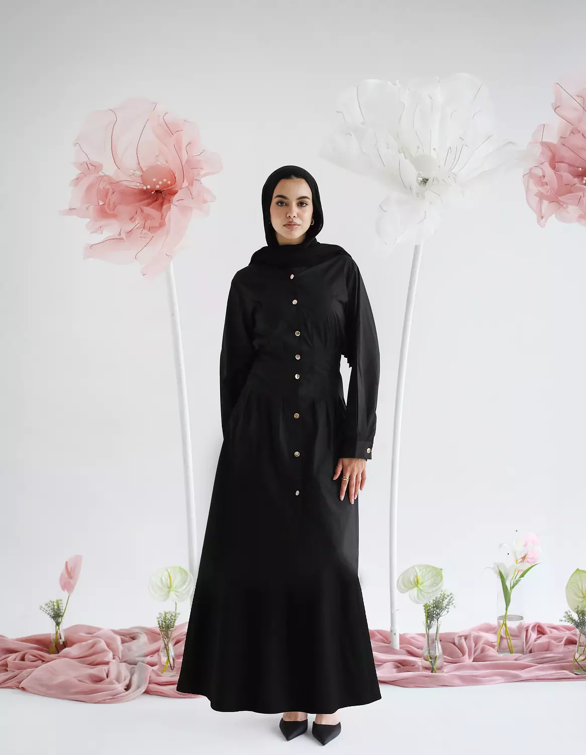 Fitted Poplin Dress in Black image