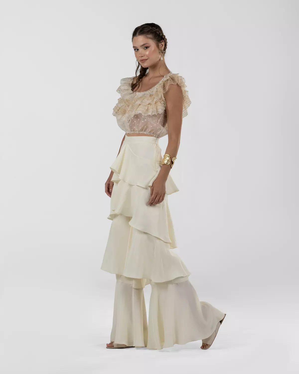 Chic Off-White Silk Ruffled Wide-Leg Pants 16