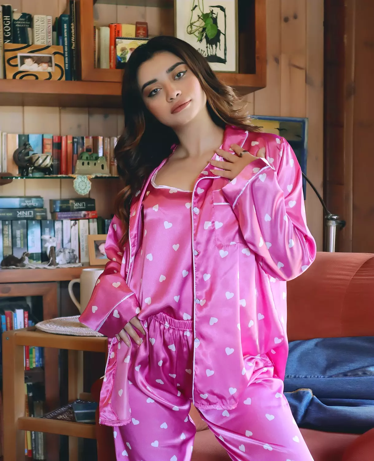 Heart Print Satin 3-Piece Pajama Set 6