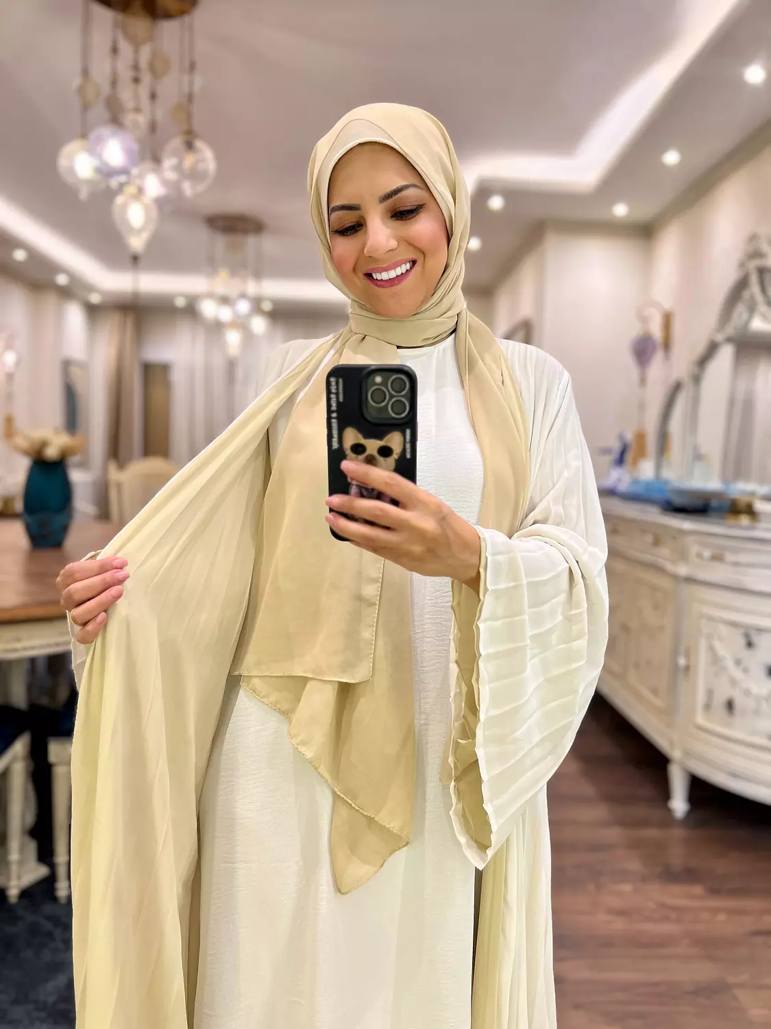 Double-faced Pleated Open Abaya- Off White & Beige 5