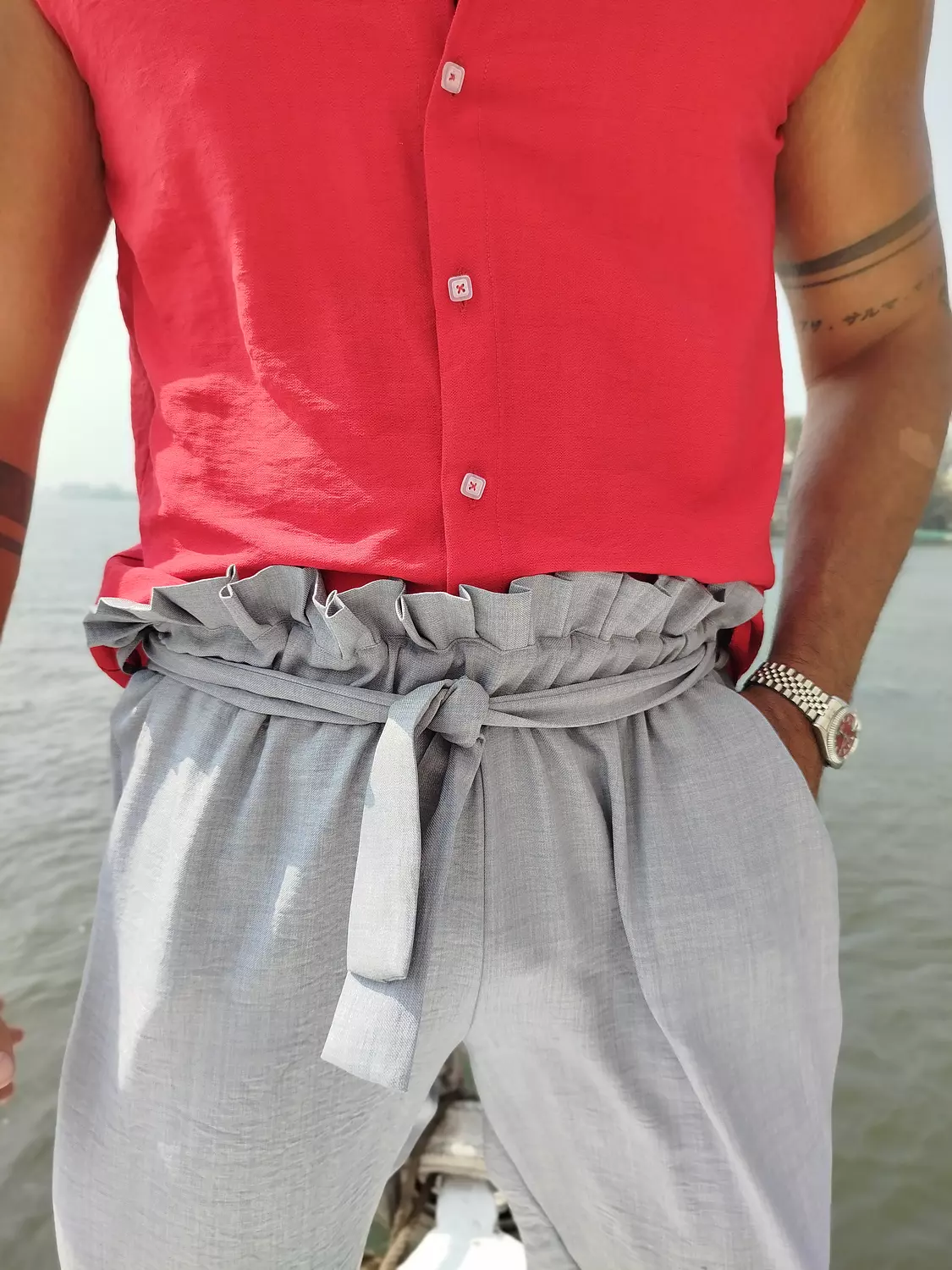 Wide-leg light grey linen pants image