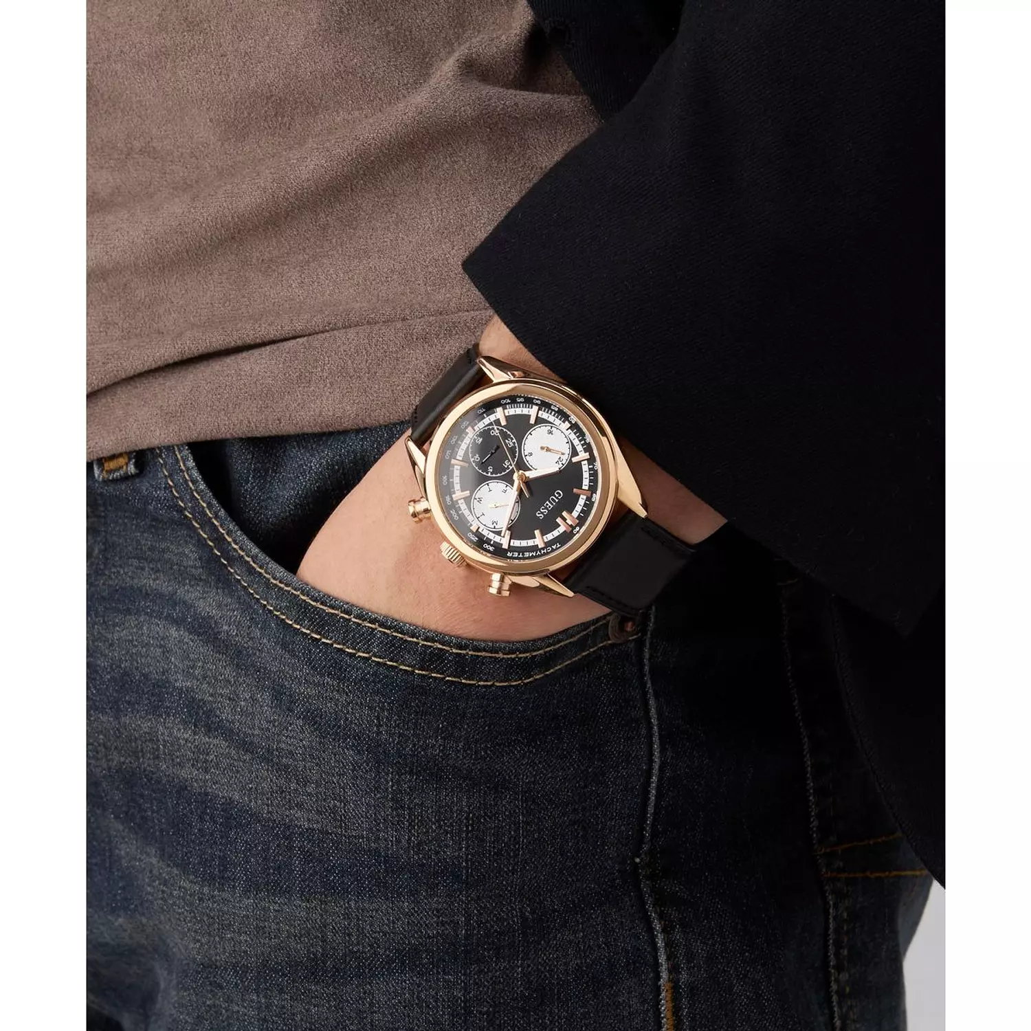 GUESS DAWSON Mens Black Rose Gold Tone Multi-function Watch Black Genuine Leather Smooth Strap 4