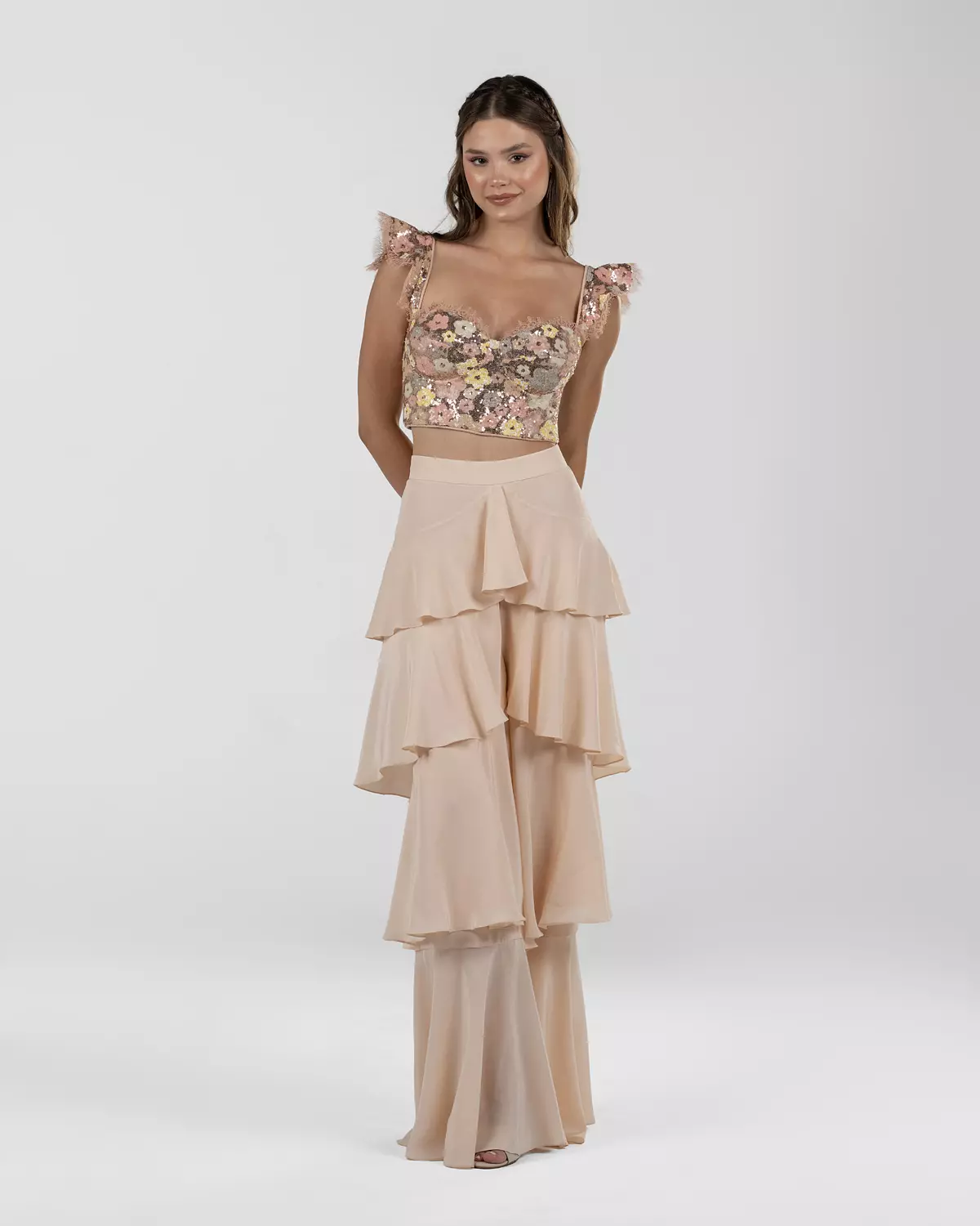  Chic Peach Ruffled Wide-Leg Silk Pants 2