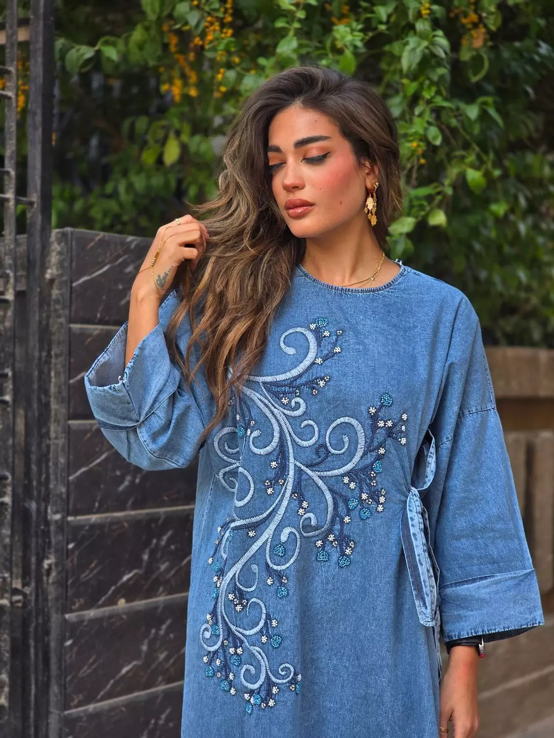 Blue Floral sequin embroidered denim dress with side tie image