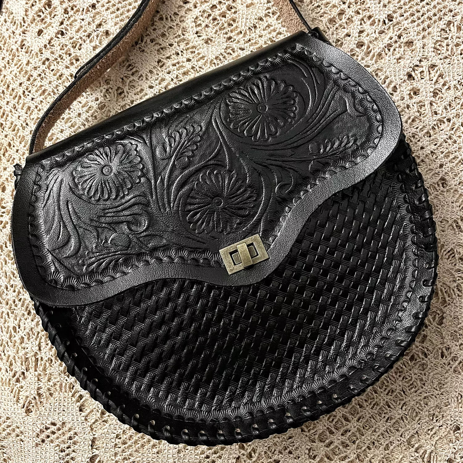 Floral round basket bloom tooled leather bag hover image