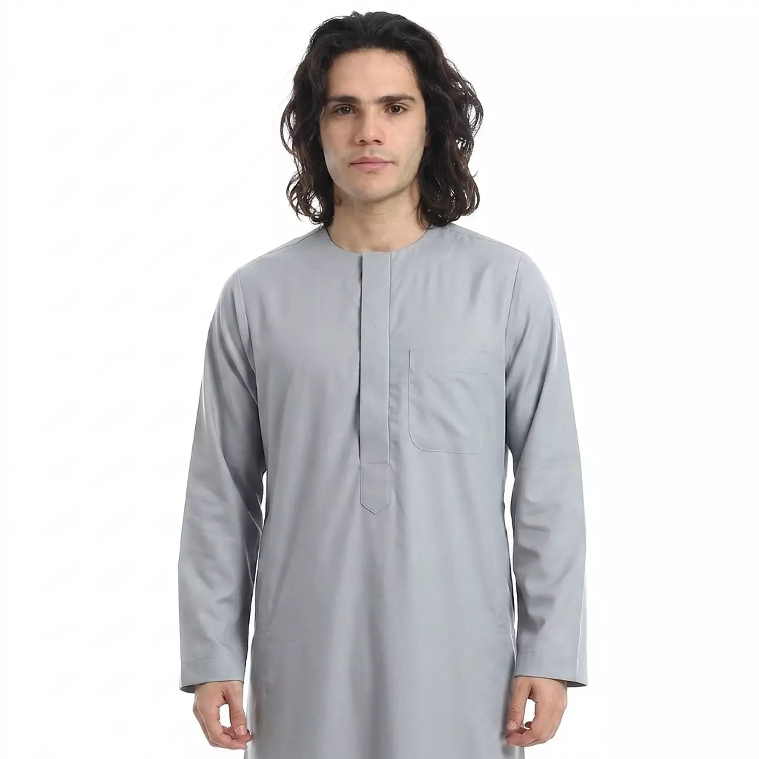  جلابيه رجالي كم طويل - قطن - 2590 - رمادي فاتح hover image