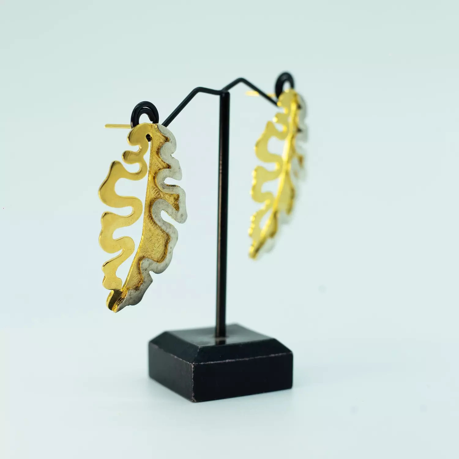 Two-layer copper earring, plated with matte and shiny gold and silver - mulberry leaf 3