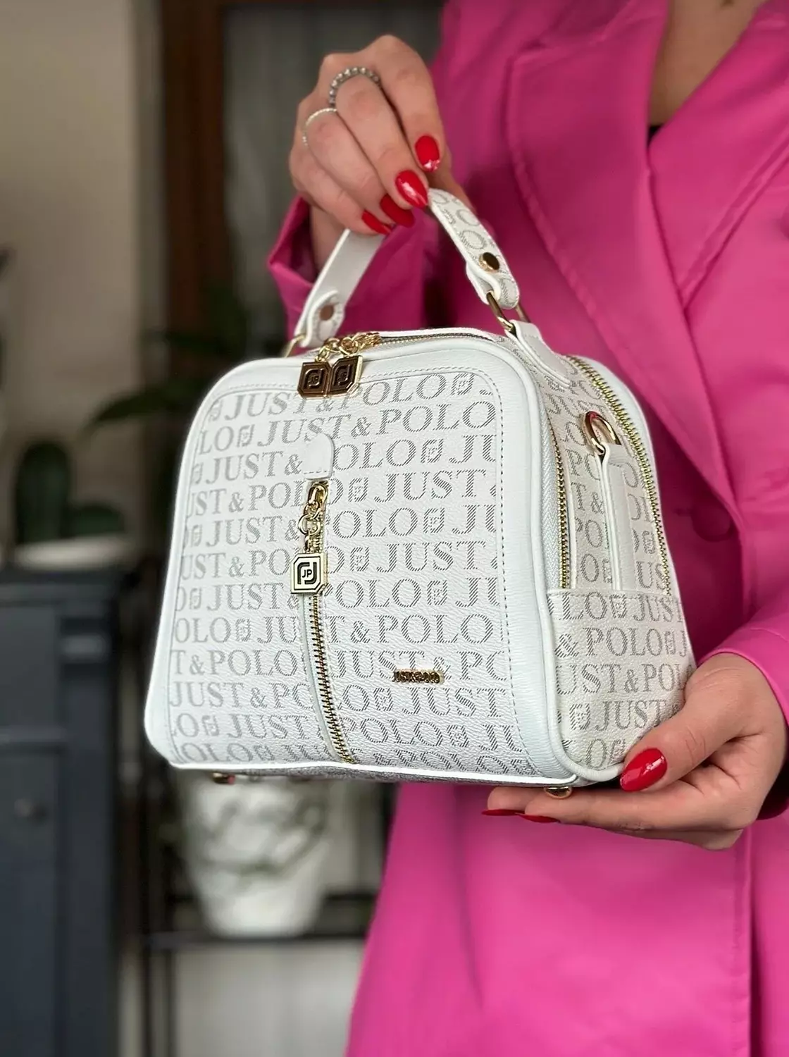 White Monogram Handbag with Gold Accents and Adjustable Strap 2