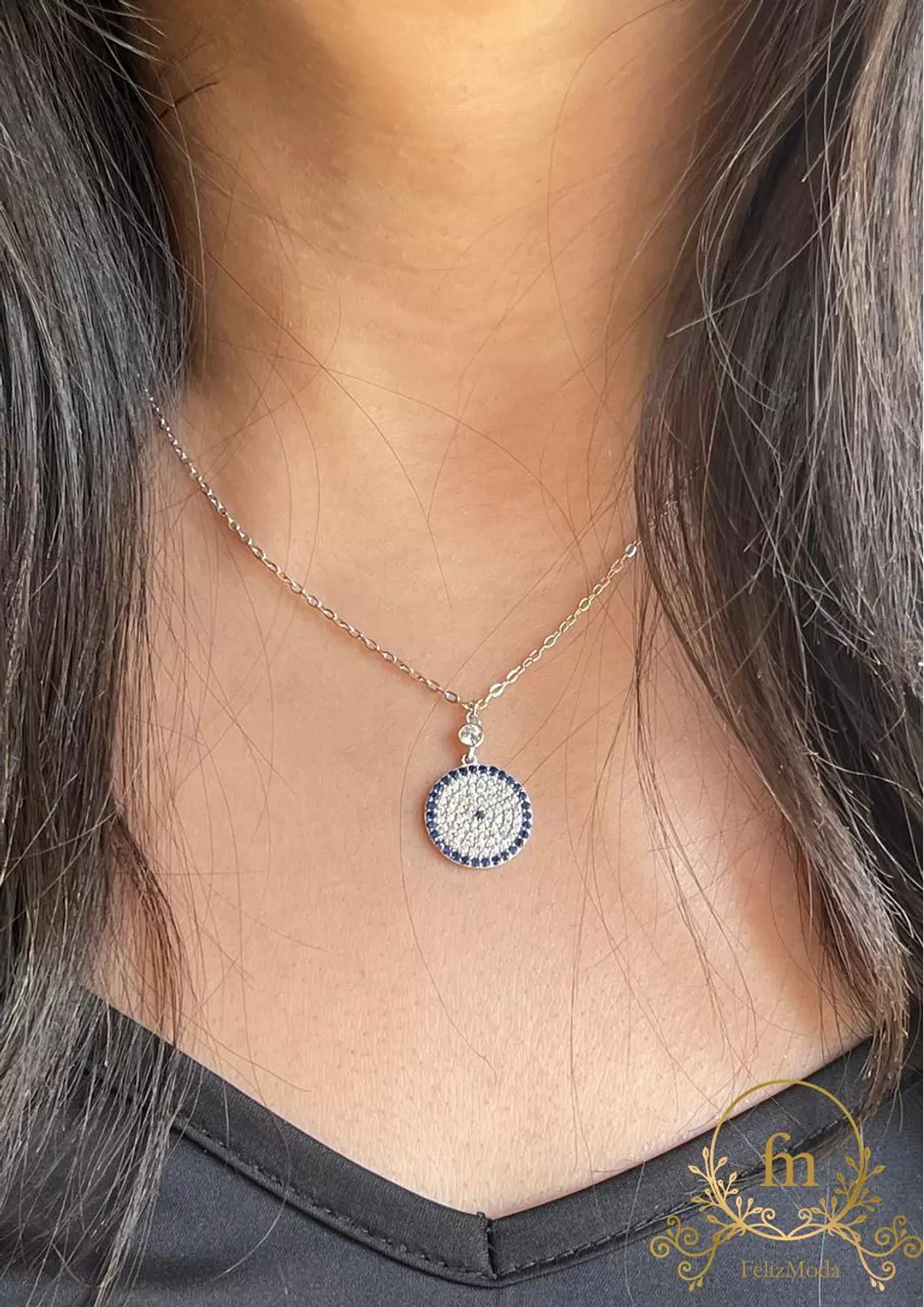 Blue eye silver necklace with zircon stones image