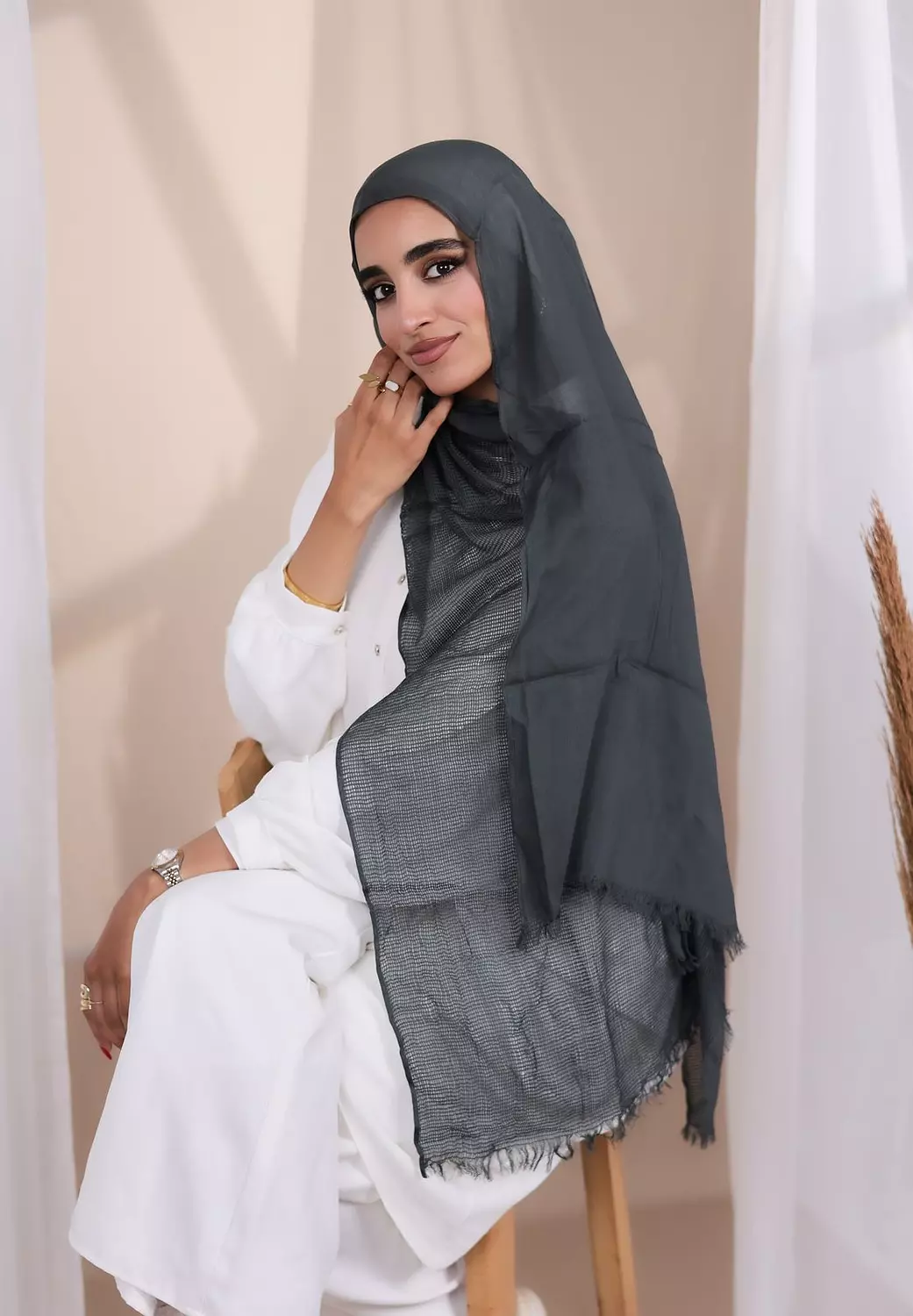 Black Half Netted Linen Scarf  image