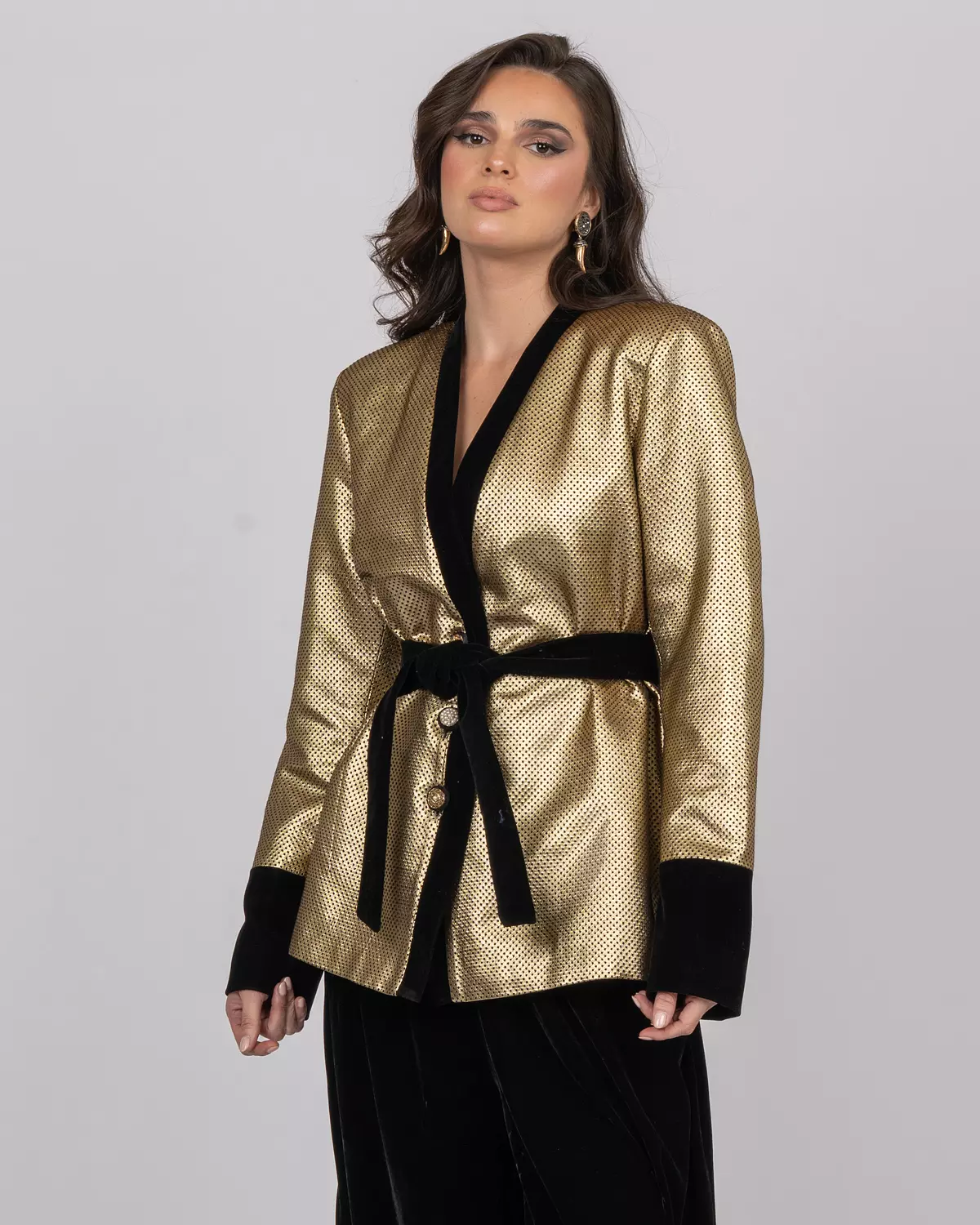 Gold Dotted Brocade Blazer Jacket with Velvet Accents hover image