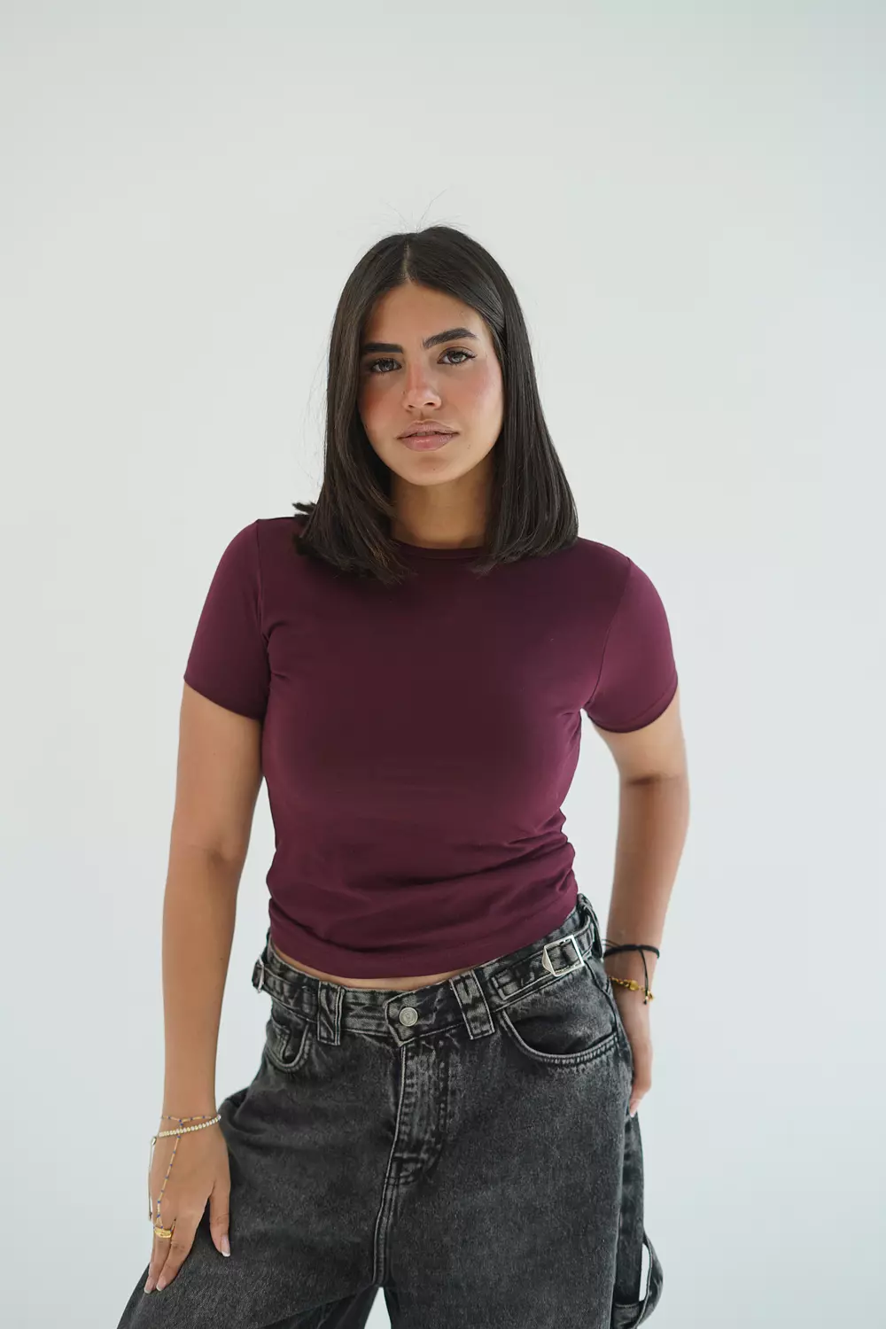 Burgundy top with half sleeve hover image