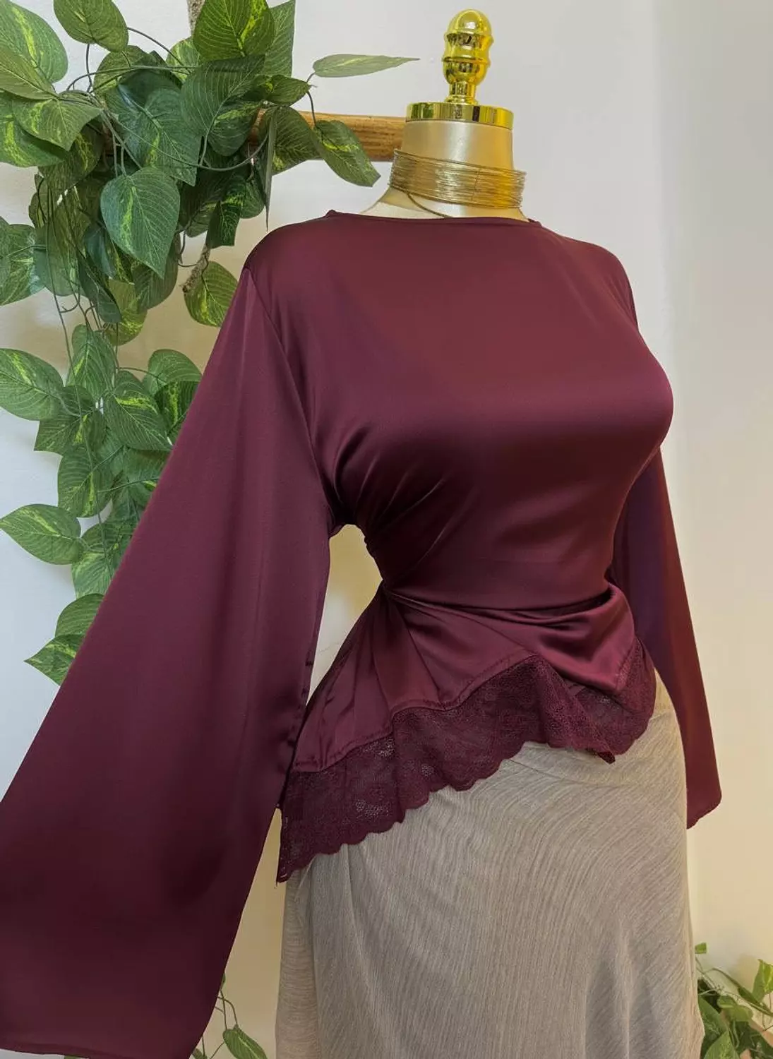 Lace-trim satin blouse 2