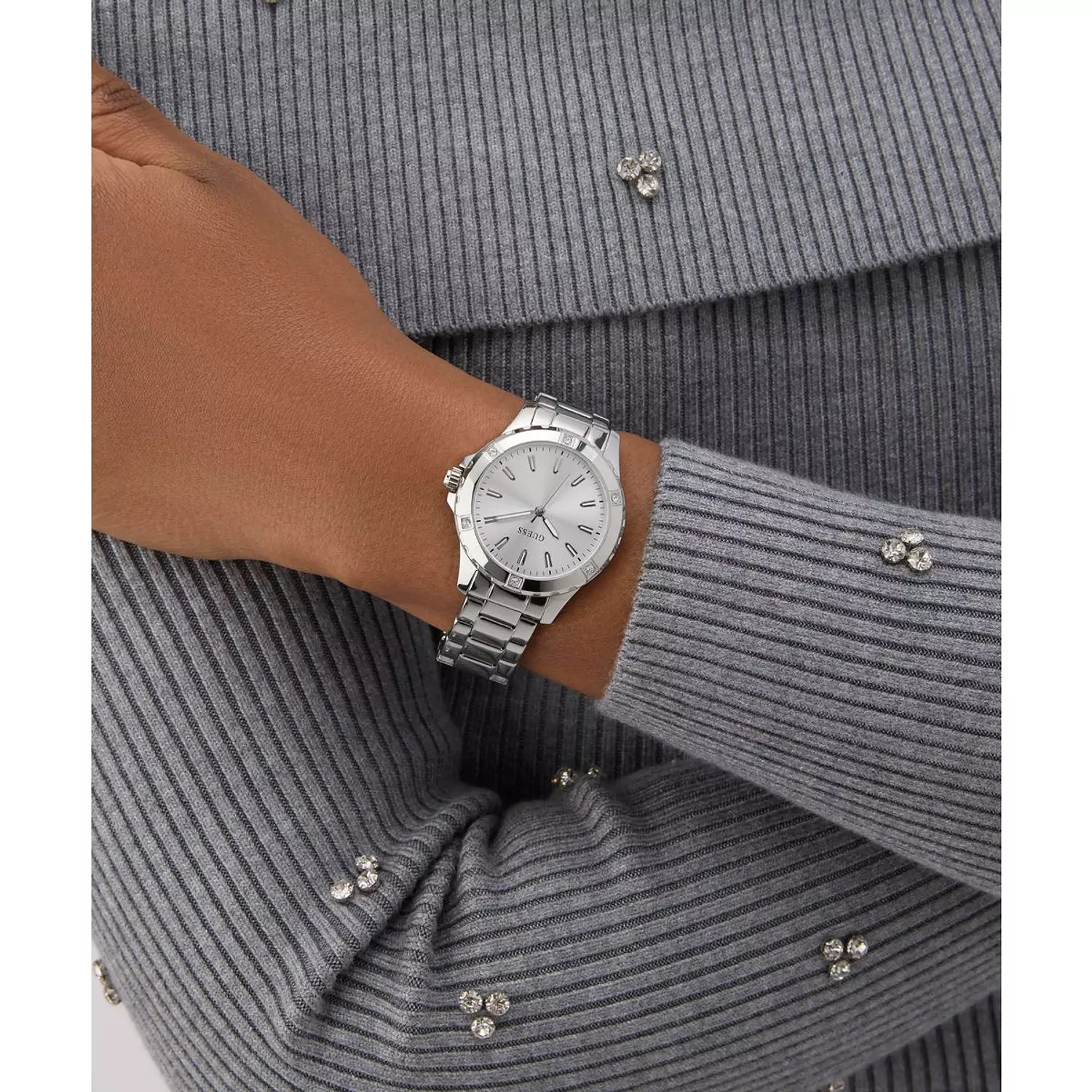 GUESS MIST Ladies Silver Tone Analog Watch SILVER TONE Stainless Steel Polished Bracelet 5