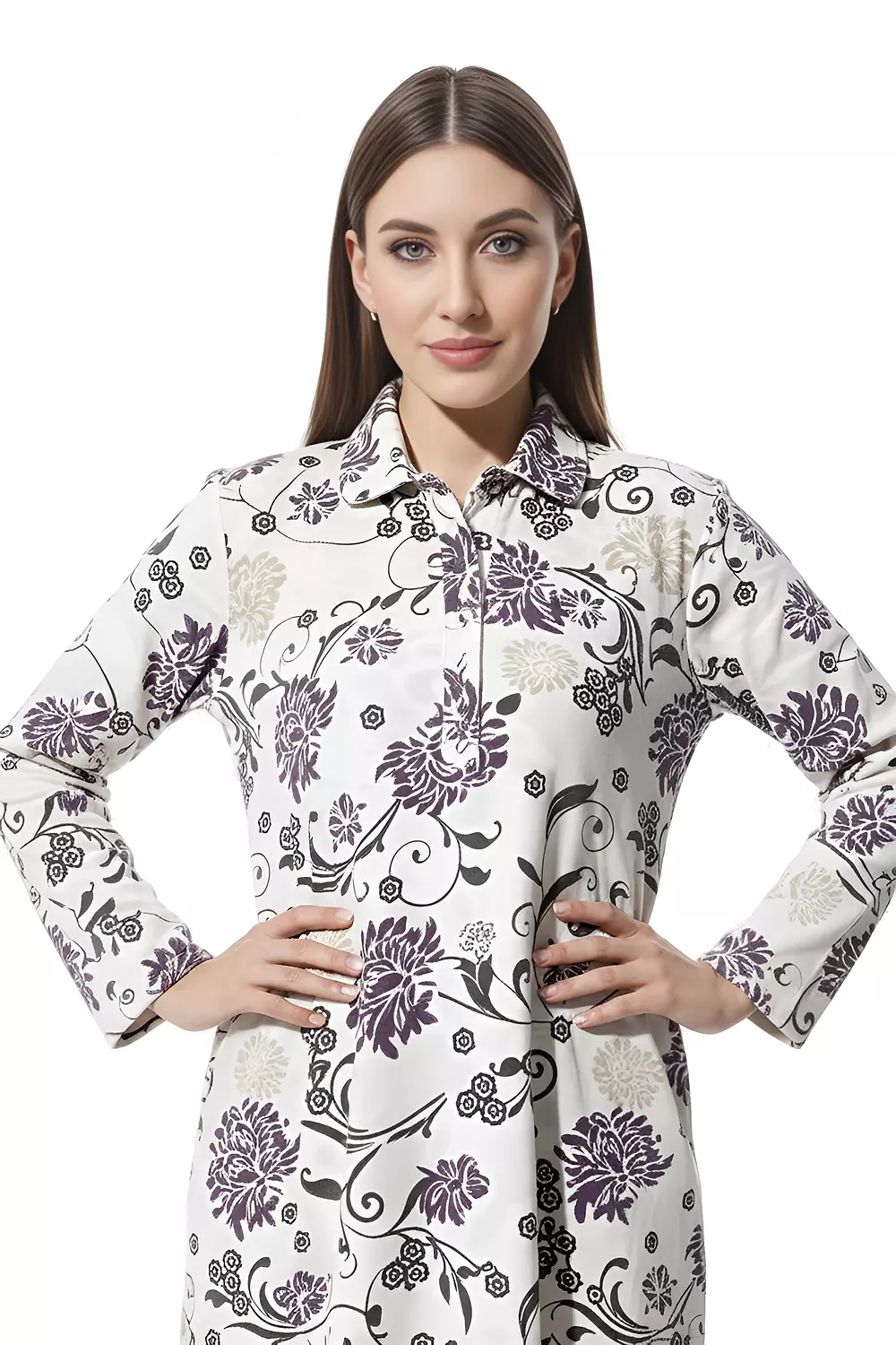 Shorto Women's Collar Fleece Flowers Printed Nightgown - 2647 - Sugar Beige 3