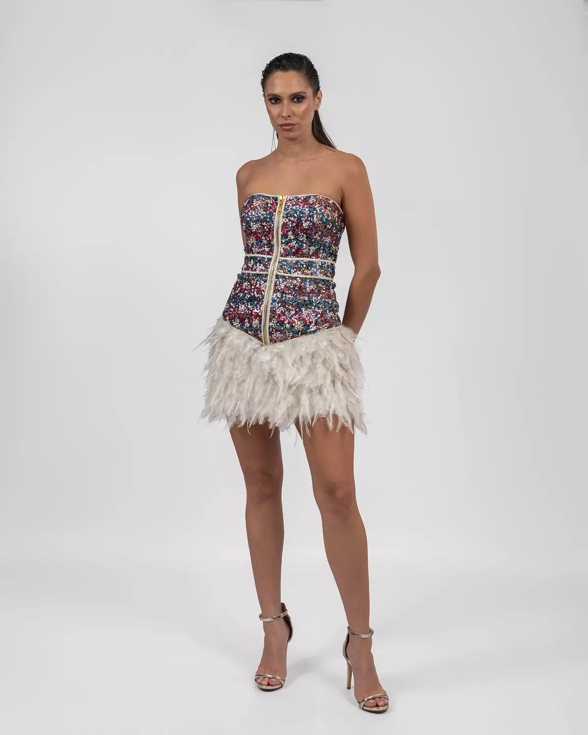 Luxurious Multi-colored Feathered Dress hover image