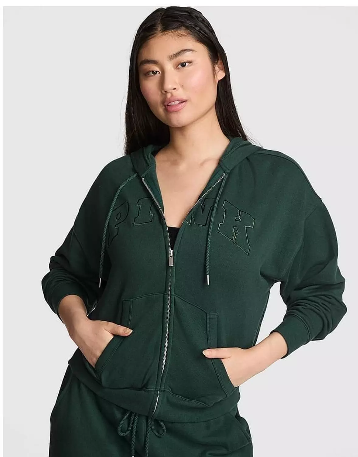 full-zip hoodie with an oversized fit and a subtle, tonal embossed logo on the chest. image