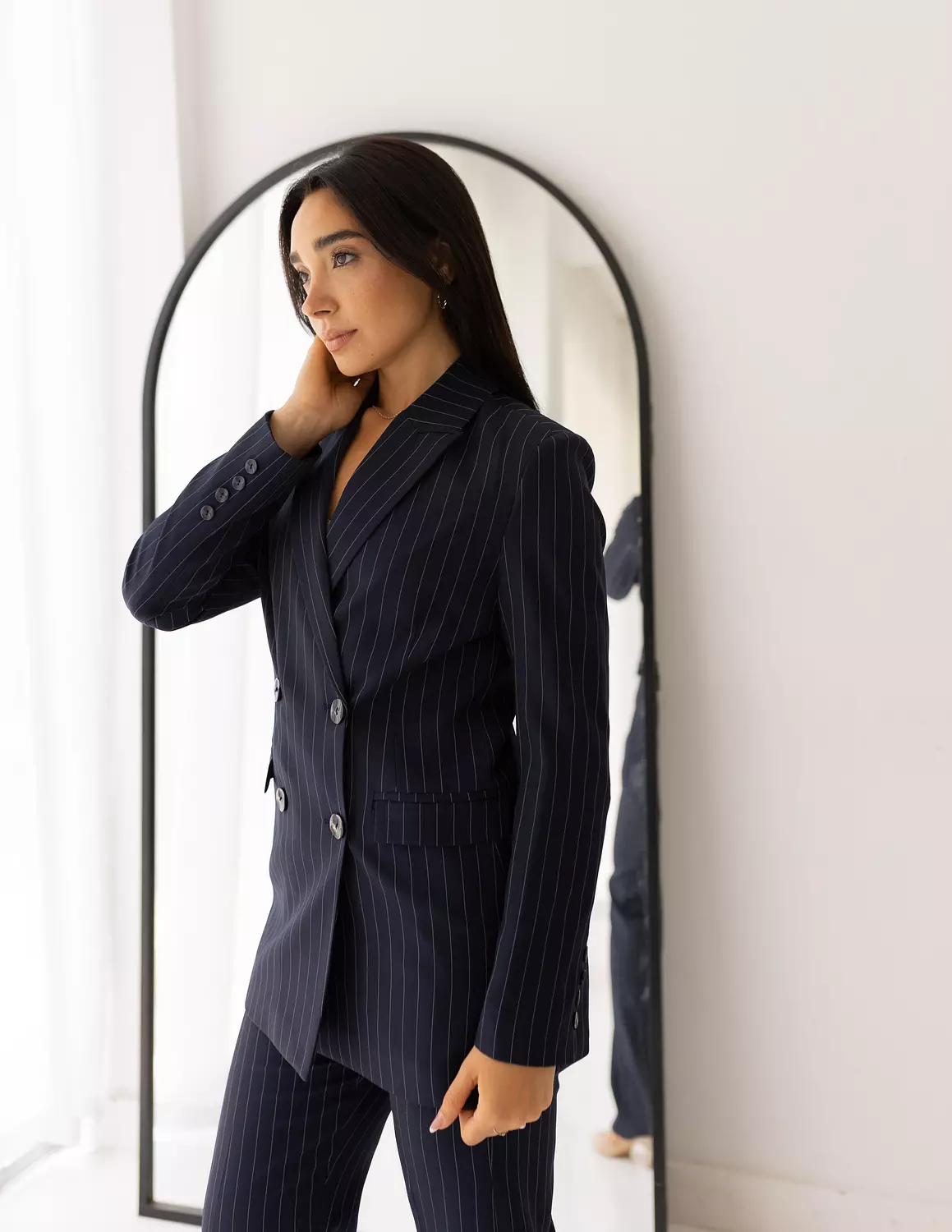Striped Navy double breasted Long blazer  4