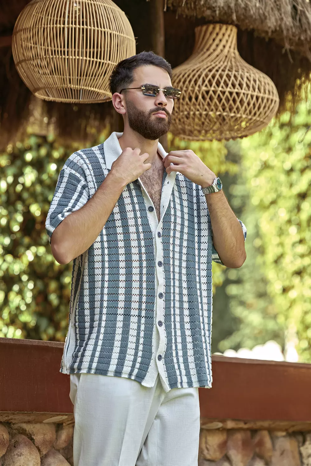 Retro Striped Crochet Button-Up Shirt 3