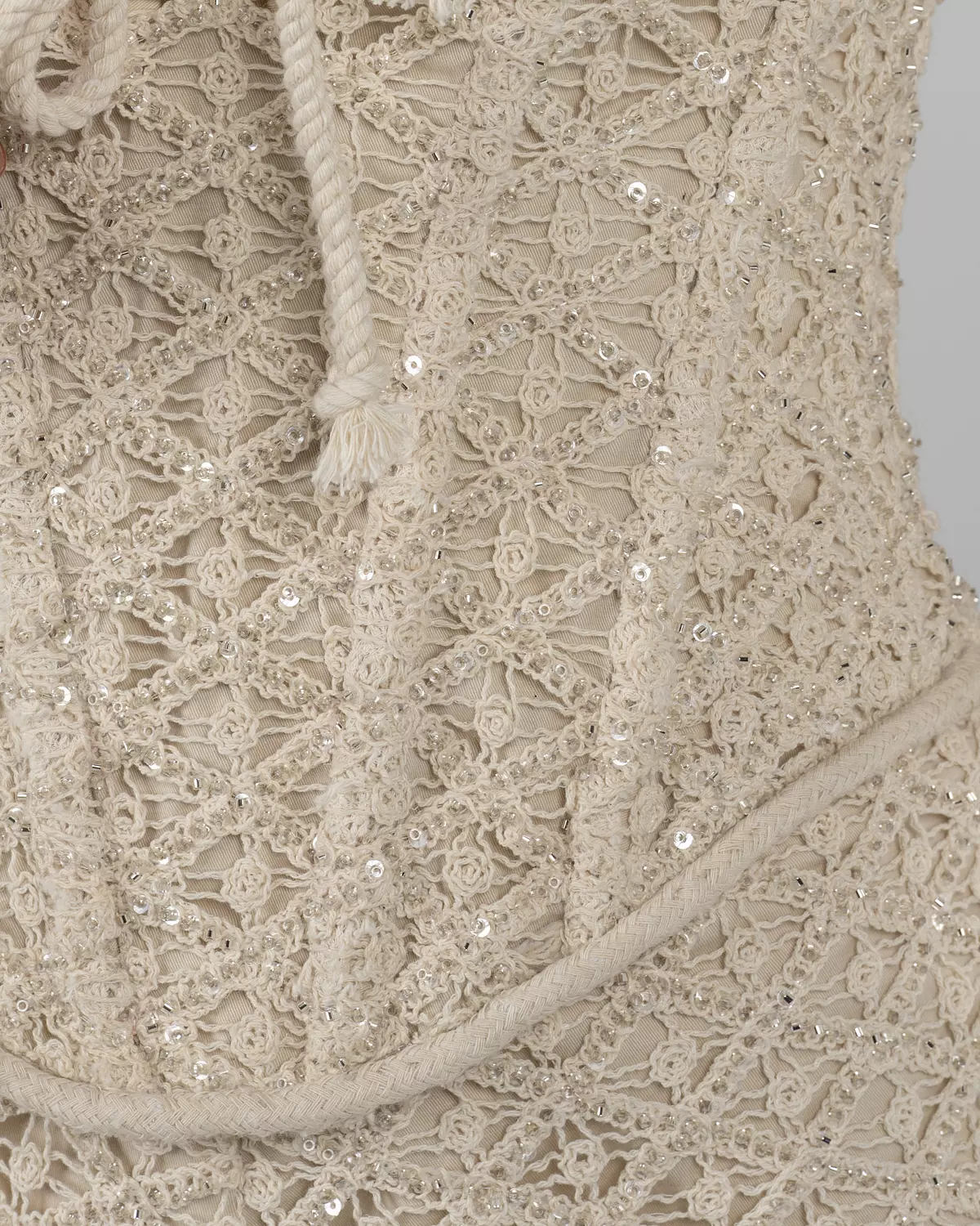 Ivory Beaded Lace Corset Romper with Rope Lace-Up Detail 7