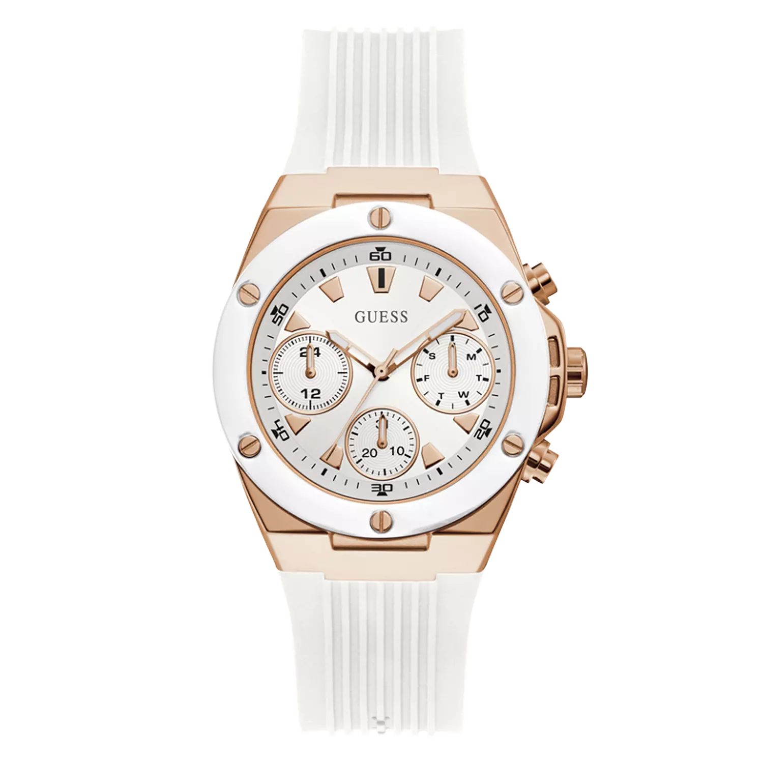 GUESS GW0030L3 ANALOG WATCH Women's White Sunray Dial Rose Gold Round Case/White Silicone Strap