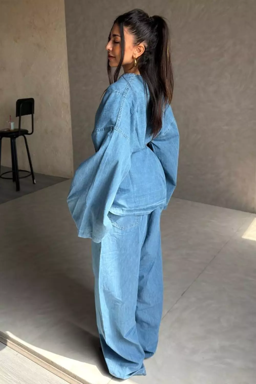 Summer Denim Kimono Set with Batwing Sleeves & Wide-Leg Pants 4
