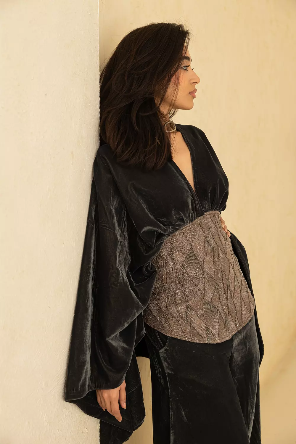 Velvet pant set with embroidery corset cape 2