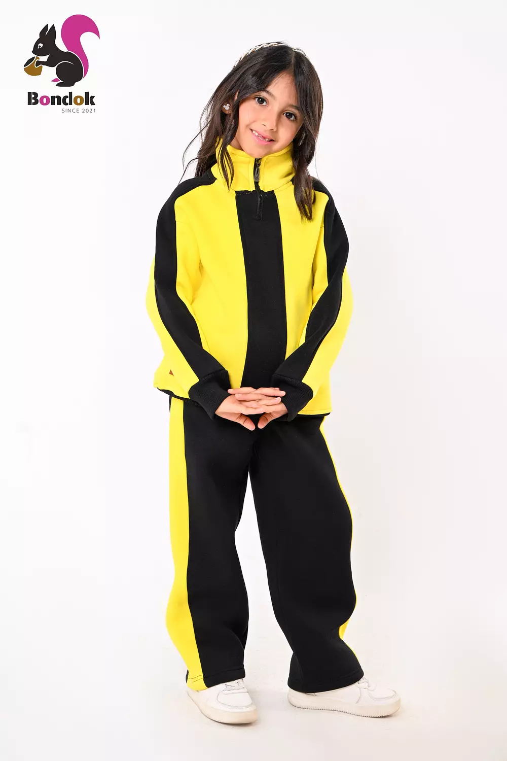 BONDOK Girls’ Winter Black-Strip Tracksuit – High-Neck Half-Zip Sweatshirt & Joggers Set  – Cozy Melton Fleece, Ages 4–14 8