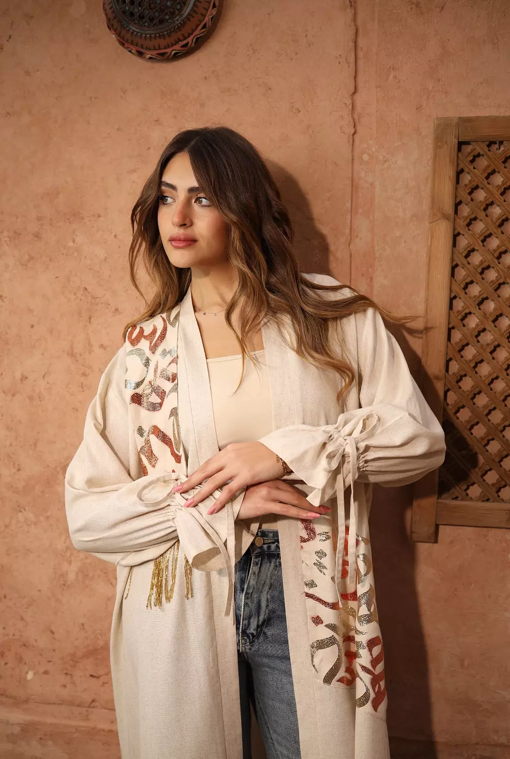 Arabic Calligraphy Tassels Kaftan (OrangexBeige)  2