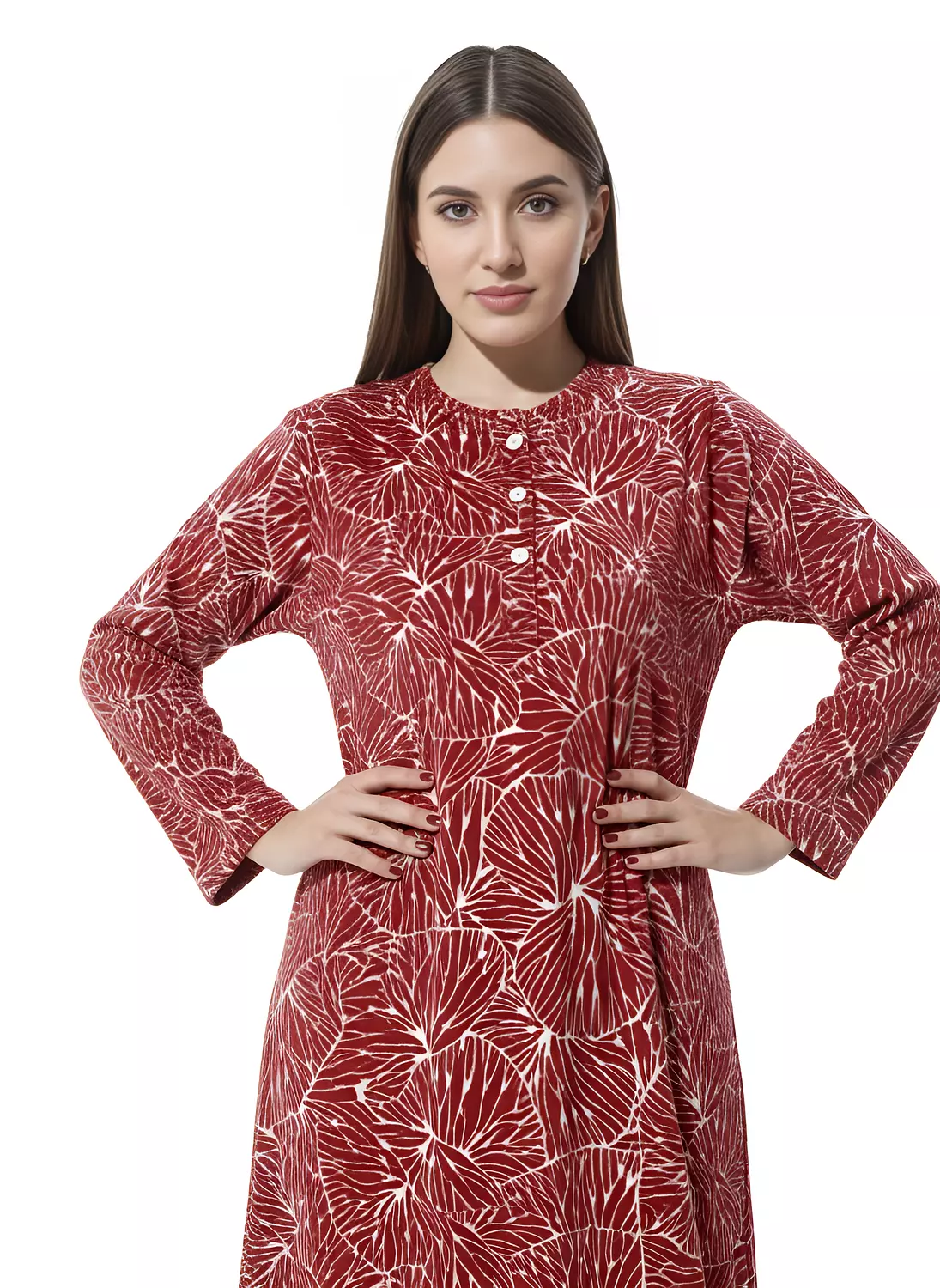 Shorto Women's Fleece Circle Leaves Printed Nightgown - 2649 - Maroon 3