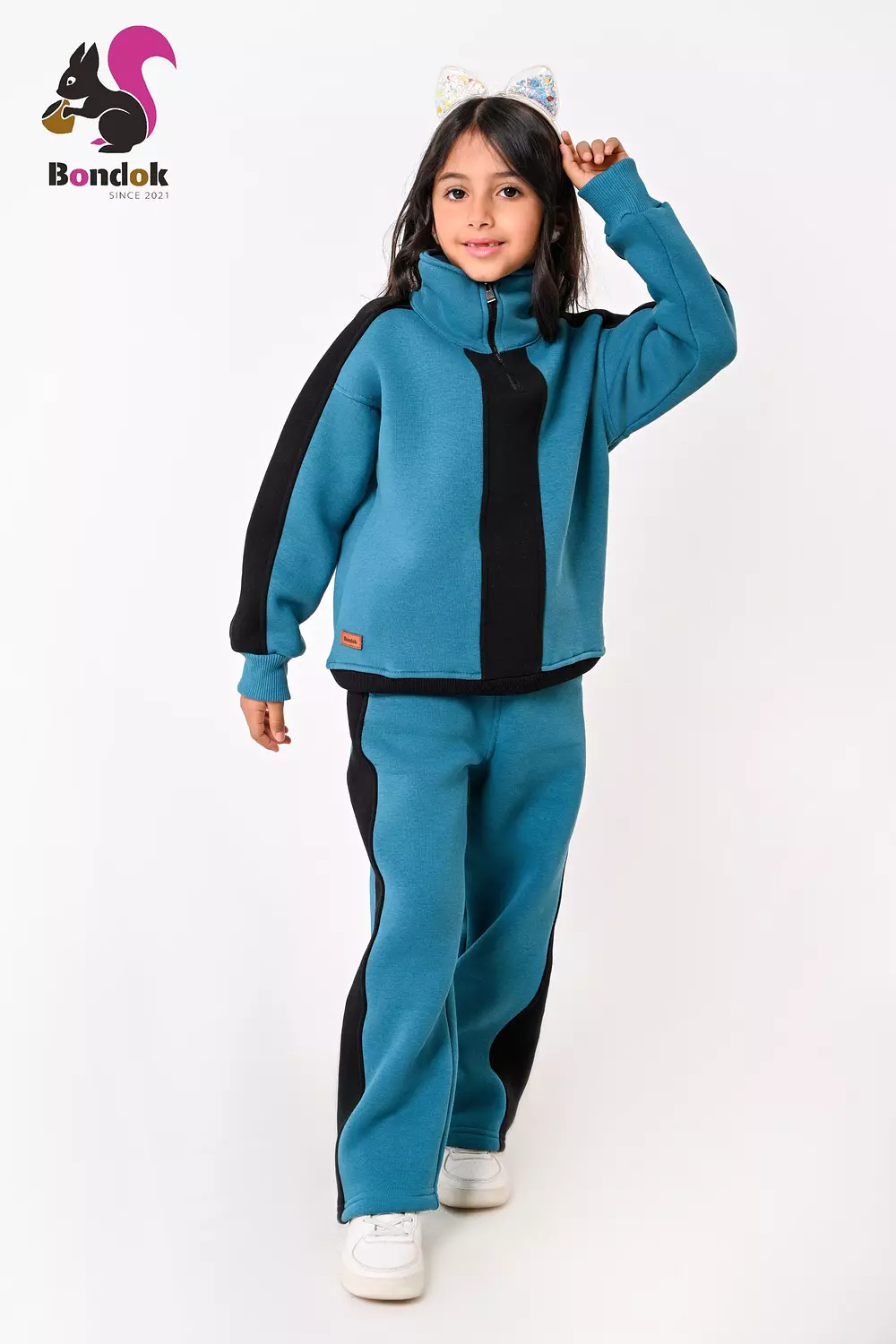 BONDOK Girls’ Winter Black-Strip Tracksuit – High-Neck Half-Zip Sweatshirt & Joggers Set  – Cozy Melton Fleece, Ages 4–14 14